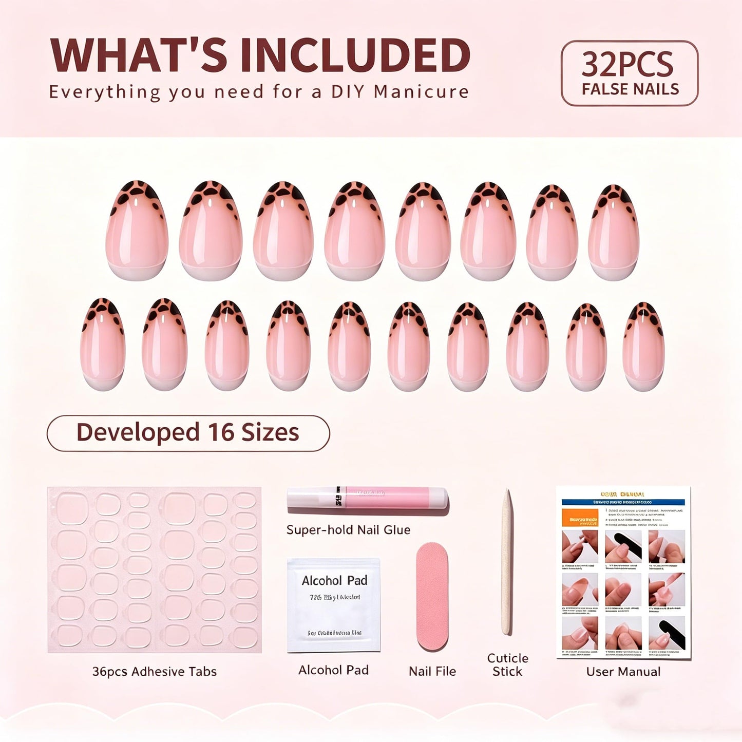 Nude Leopard French Tip Press on Nails, Short Almond Soft Gel Fake Nails, Reusable 32Pcs 16 Sizes with Glue for Women Daily Office Party