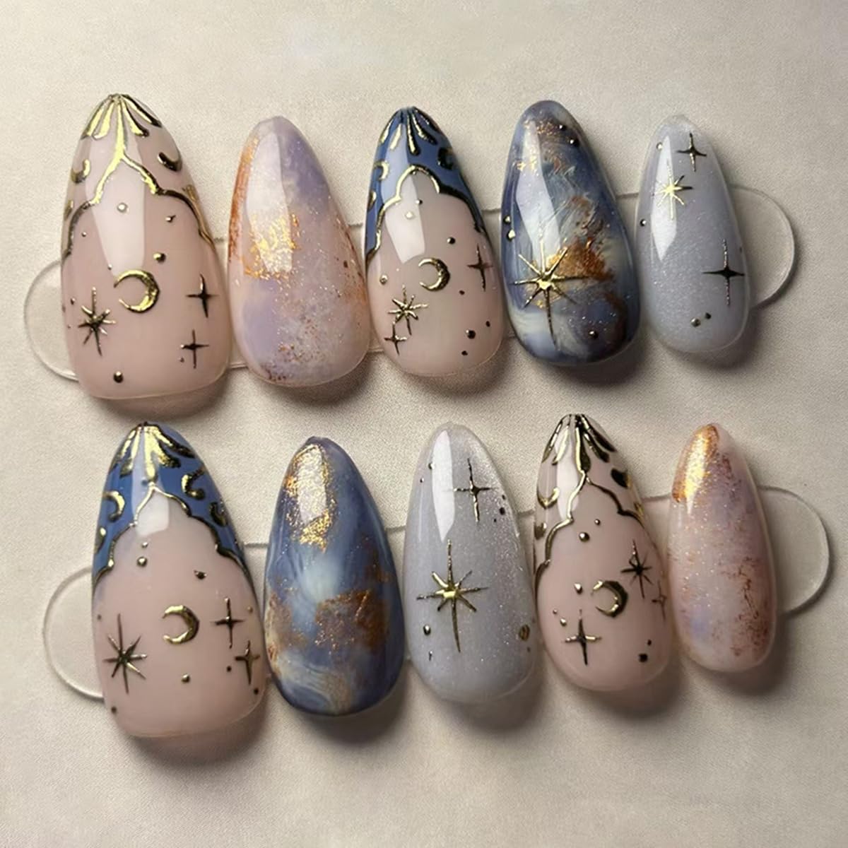 24 Pcs Press on Nails Short Almond,MINGCHUN Fake Nails Press ons Acrylic Nail Art Tips Kit Full Cover False Nails Glue on Nails with Summer Starry Sky Gold Foil Glitter Design for Women Nail Supplies