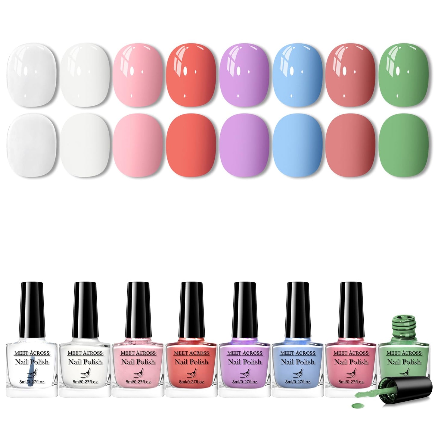 MEET ACROSS 8 Bright Colors Nail Polish Set, Macaron Purple Pink Red Blue White Quick Dry Finger Manicure Kit Sheer Neutral Nude Pink Green DIY Nail Art Home Salon Gifts for Women Girls