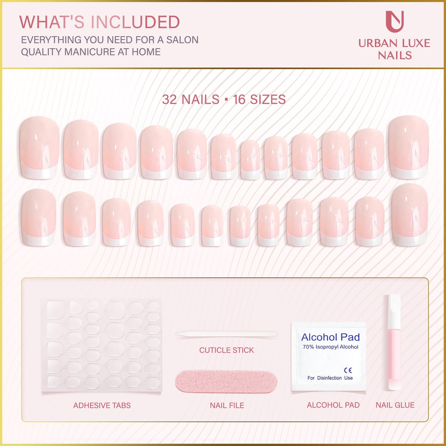 Urban Luxe Nails Premium Press On Nails - Short French Tip Press On Nails with Salon-Quality Finish, 32-Piece Set with Adhesive Tabs, Includes Jelly Glue for Nails & Prep Tools (Soft Rosy Gloss)