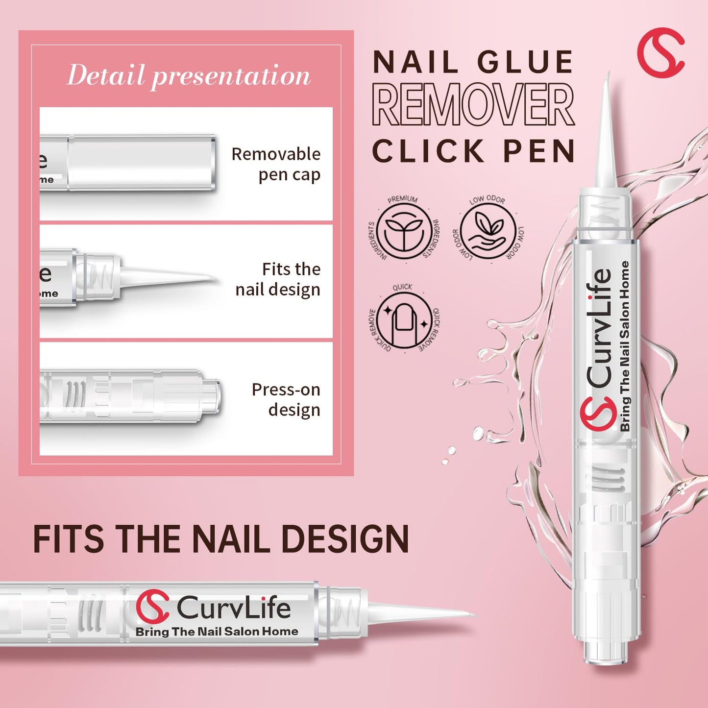 Curvlife 10g Semi Solid Nail Glue Gel with 5ml Nail Glue Remover Pen, No Need for Uv Light, Valentine's Day Gifts Gel Glue for Press On Nails, Click&Remove Pen