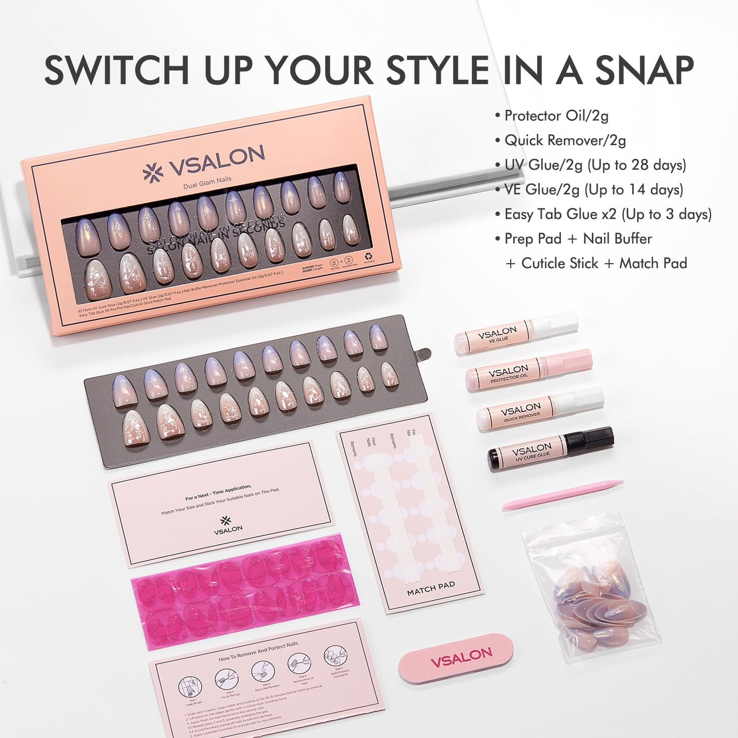 VSALON Press-On Nails Short Almond, 42 PCS Chrome Ombre 3D Star Fake Nails, 32 Main Nails in 16 Sizes & 10 Alternative Nails, Gel Reusable Glue On Nail Set with Full Tool Kit