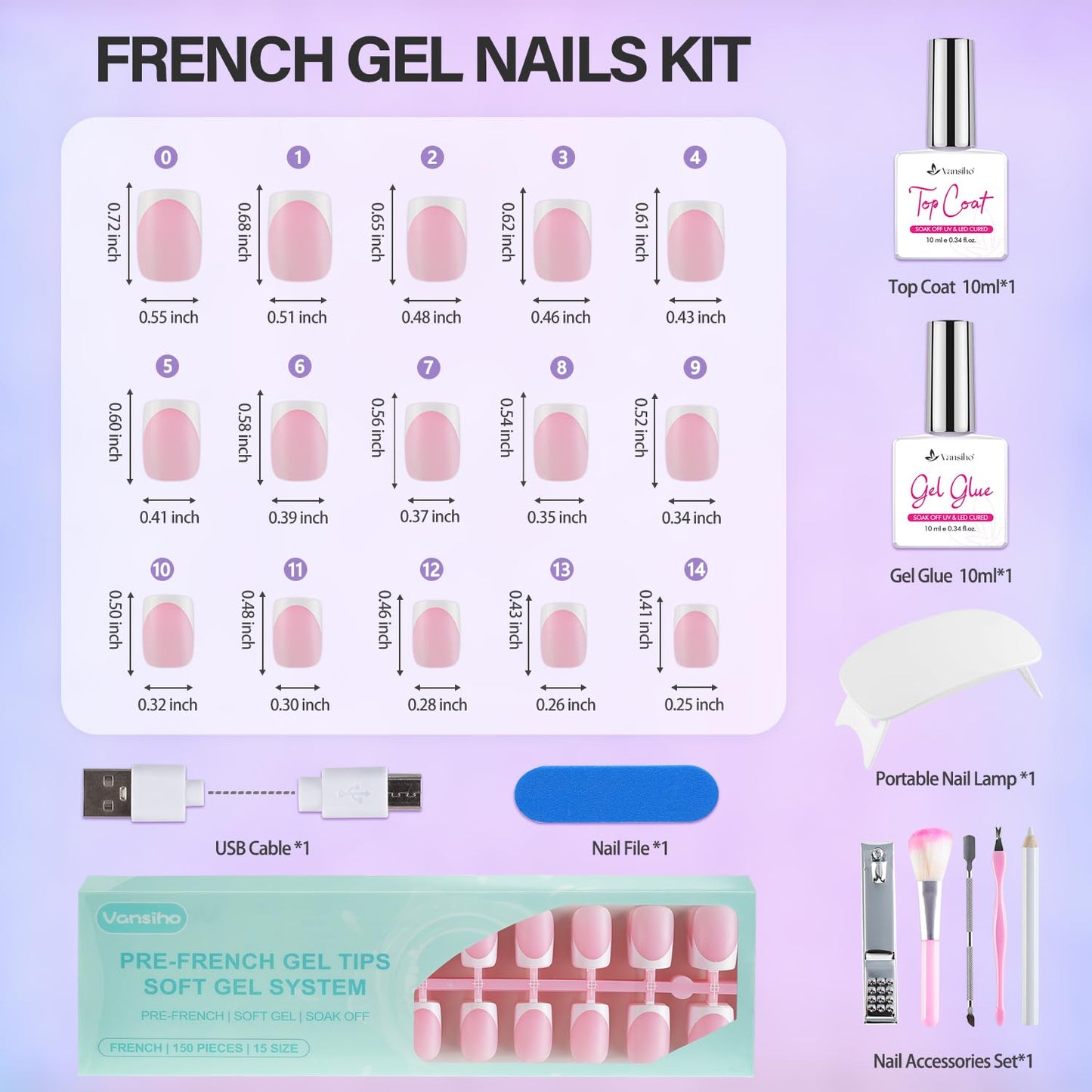 Vansiho Pink French Gel Nails Kit - Short Square French Tip Press on Nails, Nail Gel, Top Coat and Nail Lamp for Gift and Nail Art DIY
