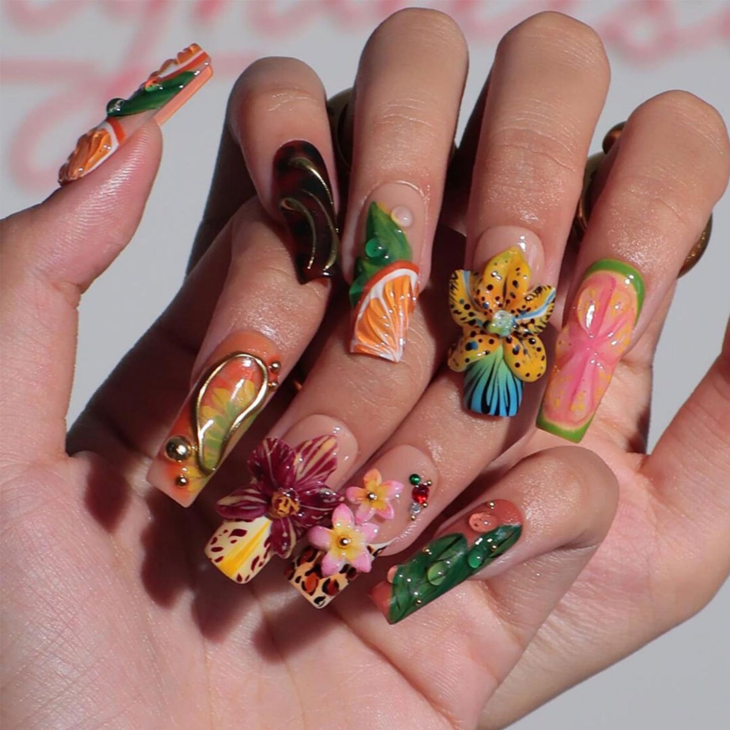 Long Press on Nails Square Fake Nails Multicolor Tropical Acrylic Nail Press Ons Seeneey 3D Flower and Fruit Leopard Designs Summer Beach Extra Long Stick on Nail for Women 24pcs