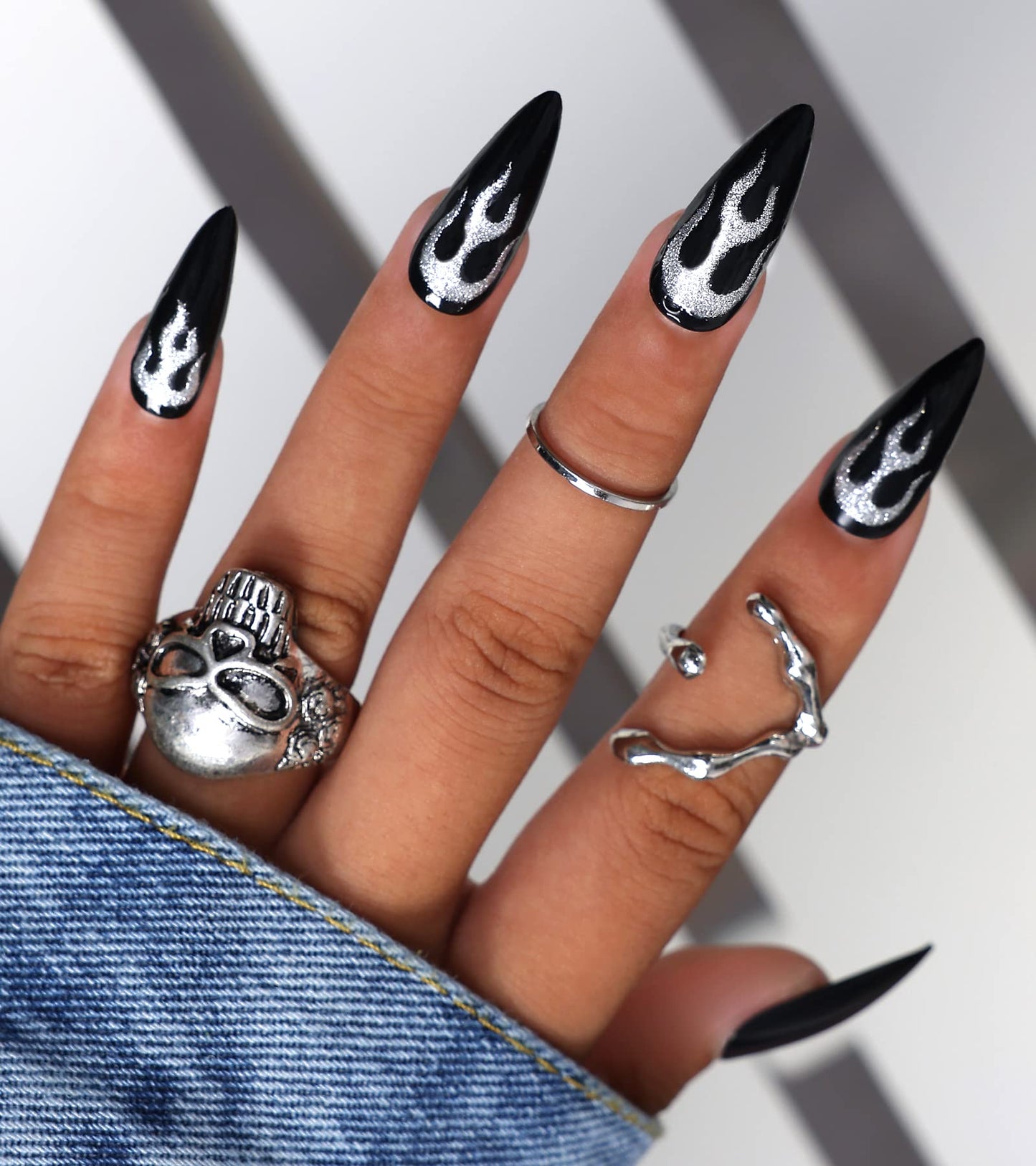 Morily Press-On Nails Bundle | Black Stiletto Matte & Black Stiletto Flame | 24Pcs Each Set, Medium Length Long False Fake Nails