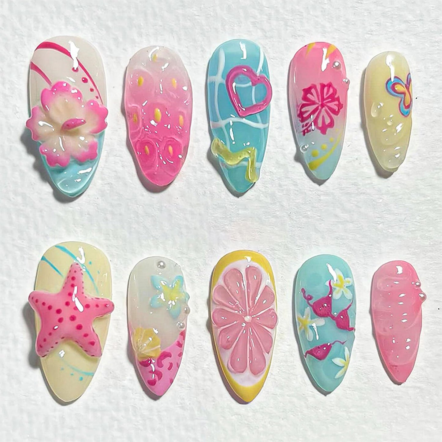 30Pcs Cute Press on Nails Medium Almond Fake Nails Summer Press ons 3D Pearl Flower Glue on Nails Beach Starfish False Nails Lemon Butterfly Heart French Tip Nails Handmade Acrylic Nails Set for Women