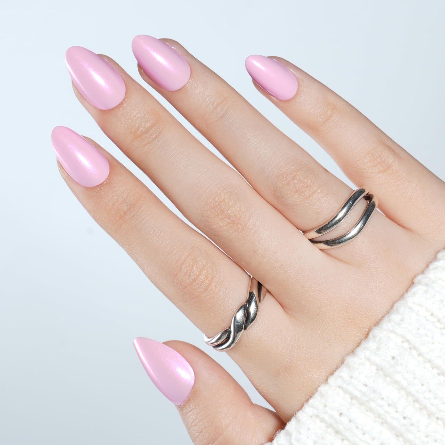 Pink Press On Nails Almond - Short Fake Nails with Nail Glue, Pink Chrome Press On Nails Reusable Stick On Nails in 16 Sizes - 32 Nail Kit for Women & Girls | Salon Quality