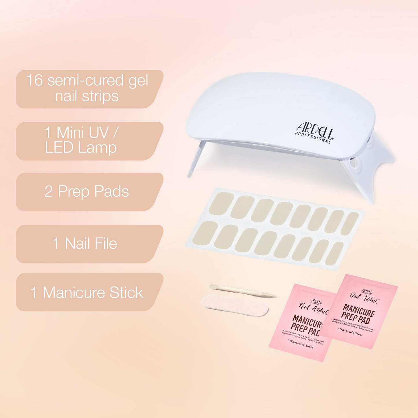 Ardell Nail Addict Gel Nail Starter Kit with Led Uv Light - Cashmere Sands, Semi-Cured Gel Nails Strips, File & Prep Pad for Easy At-Home Diy Manicure, Pack of 1