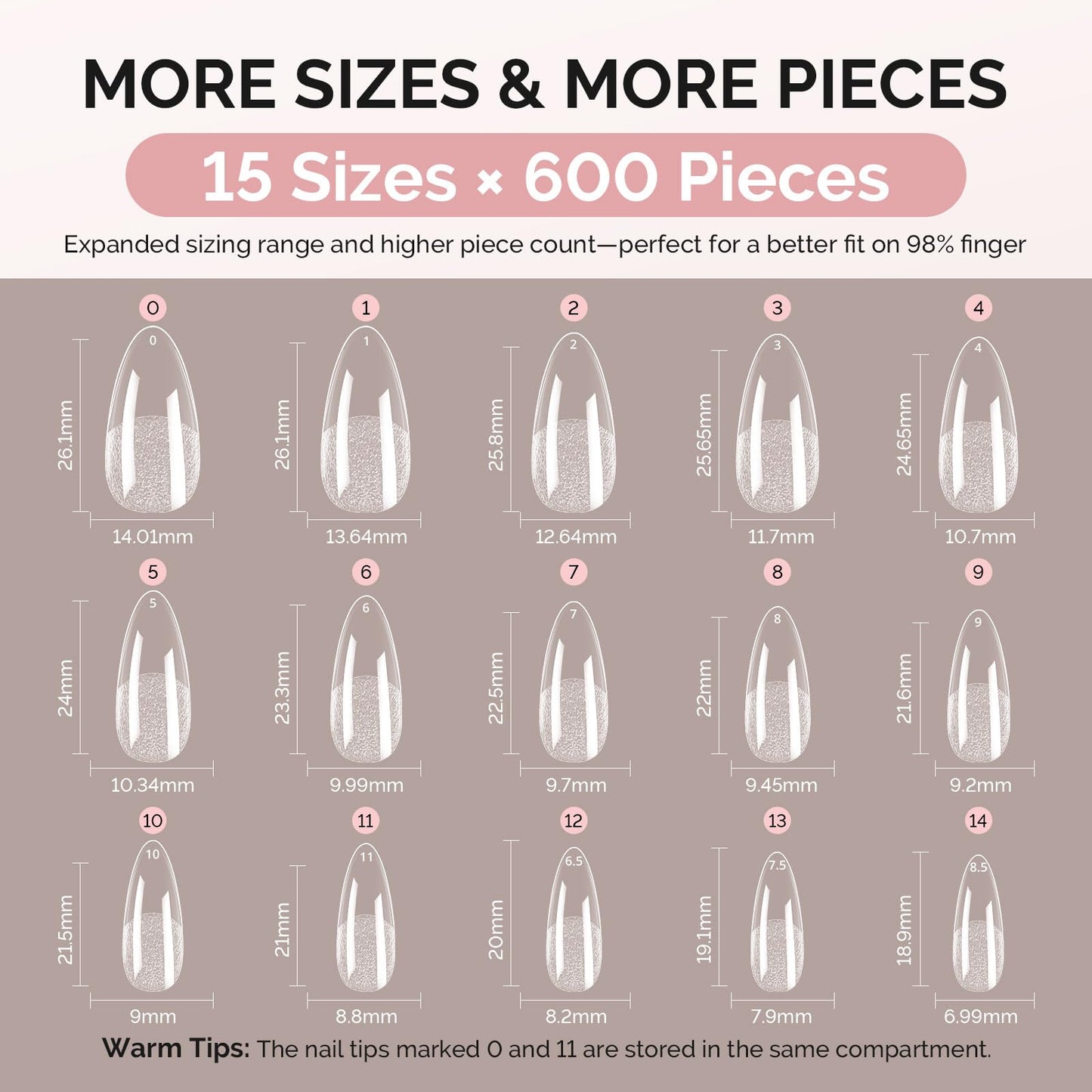 MelodySusie Medium Almond X Nail Tips - 600Pcs 15 Sizes Clear Acrylic, Half Matte Full Cover Press on Nails for DIY Extension & Salon Use, Pre-Shaped for Long-Lasting Manicure