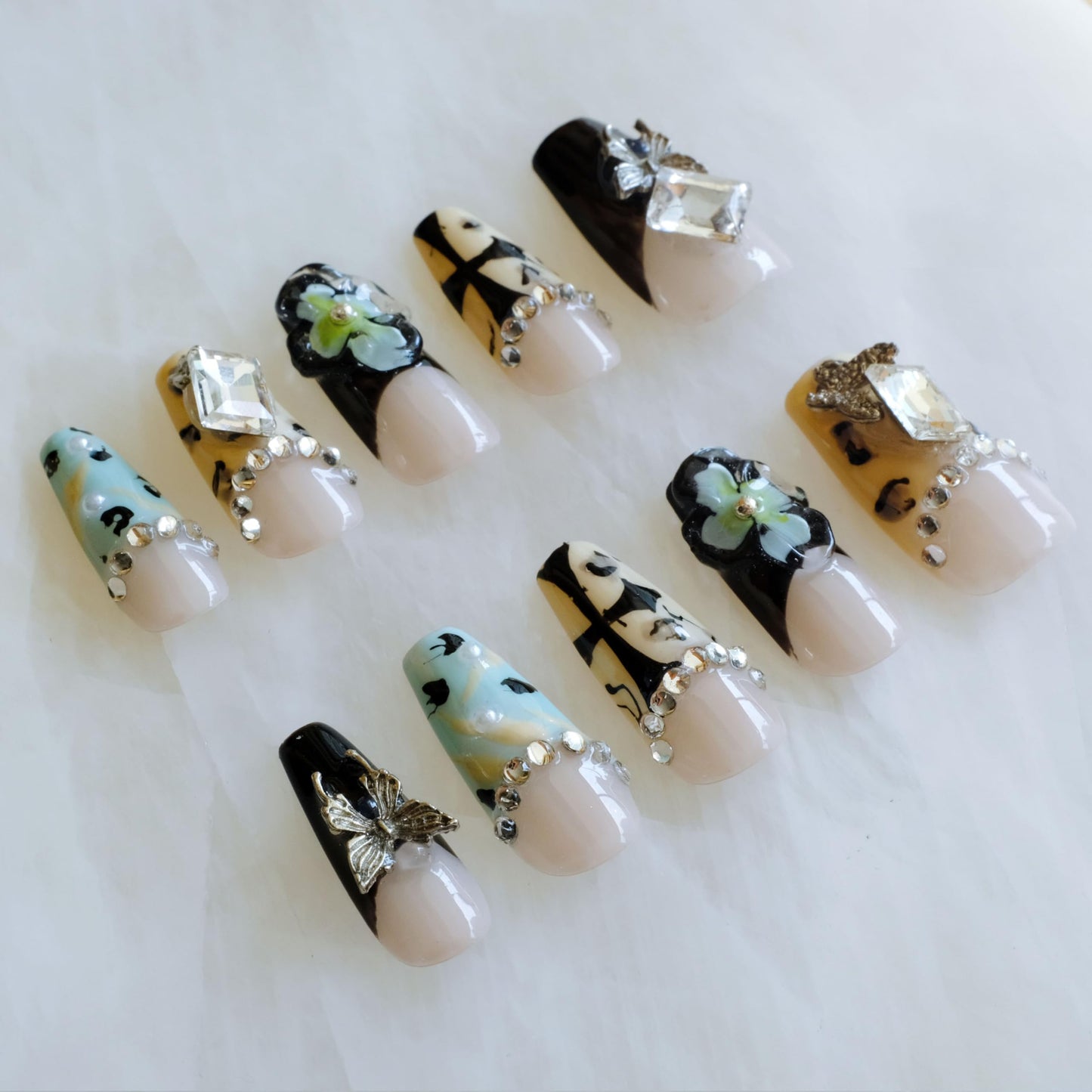 GLORS Press On Nails, Long Ballerina Style with 3D Flowers and Crystals, Black and Yellow Design, Handmade False Nail 10 Pieces (Small,LB)