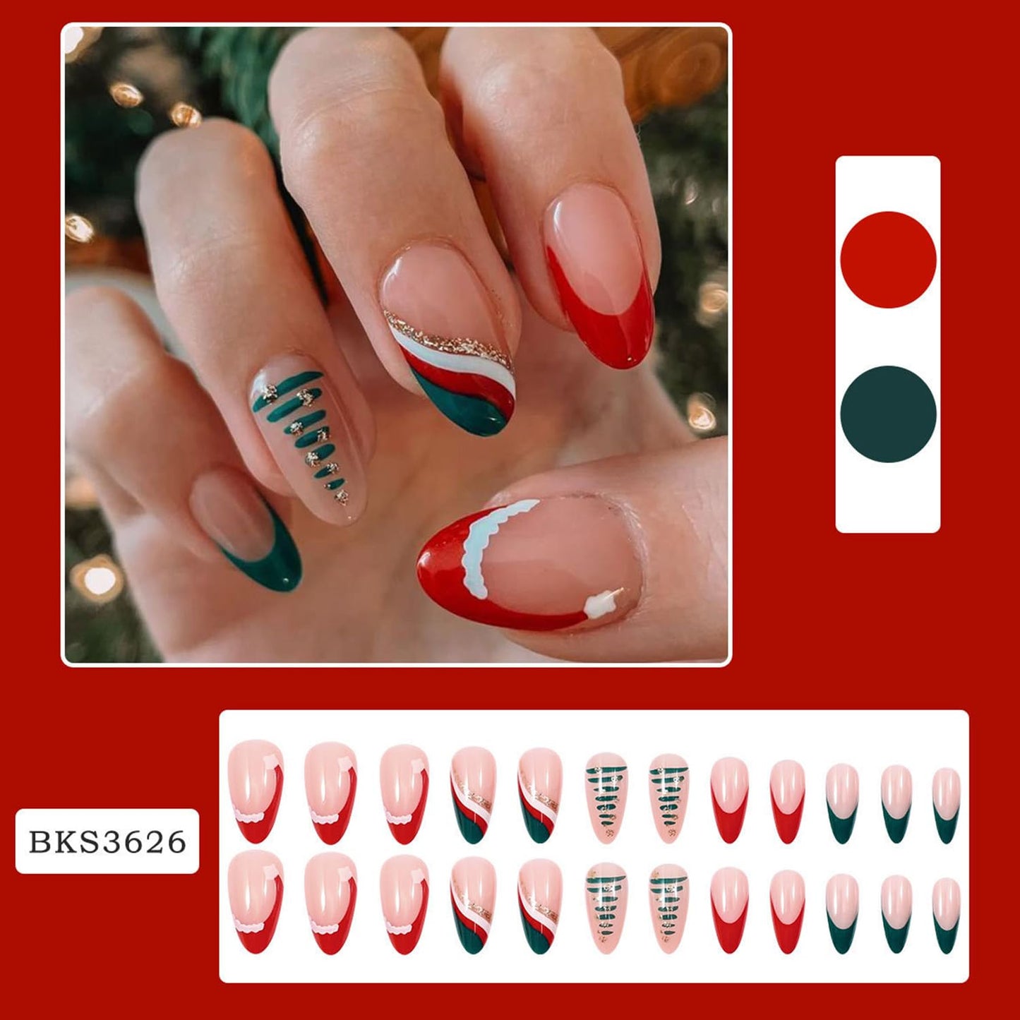 Christmas Red Press on Nails Medium Almond Artificial Acrylic False Nails Christmas Hat French Fake Nail Colorful Stripe Design Xmas Stick on Nail Winter Full Cover Artificial Fingernails for Women