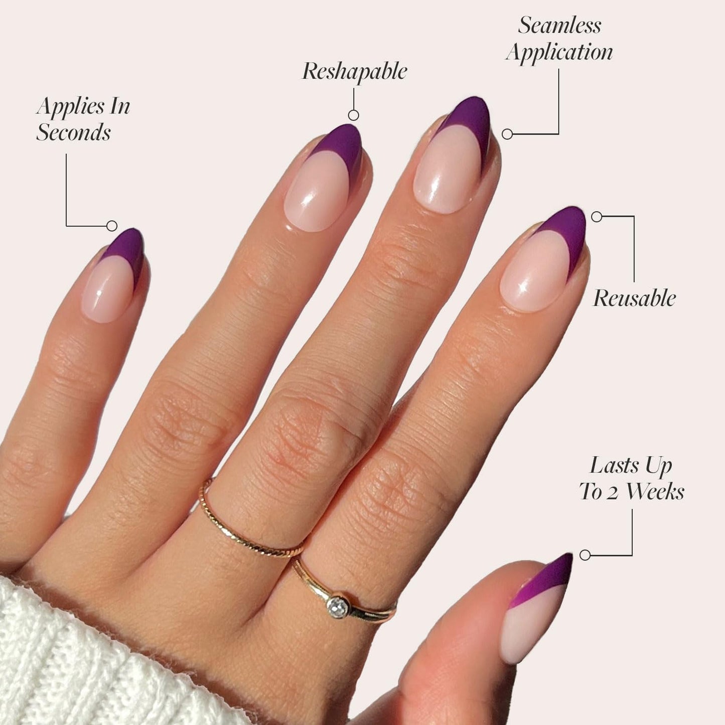 Glamnetic Press On Nails - Plum | Semi-Transparent Dark Purple French Tip Short Almond Fake Nails in a Glossy Finish, Salon Quality | 15 Sizes - 30 Nail Kit
