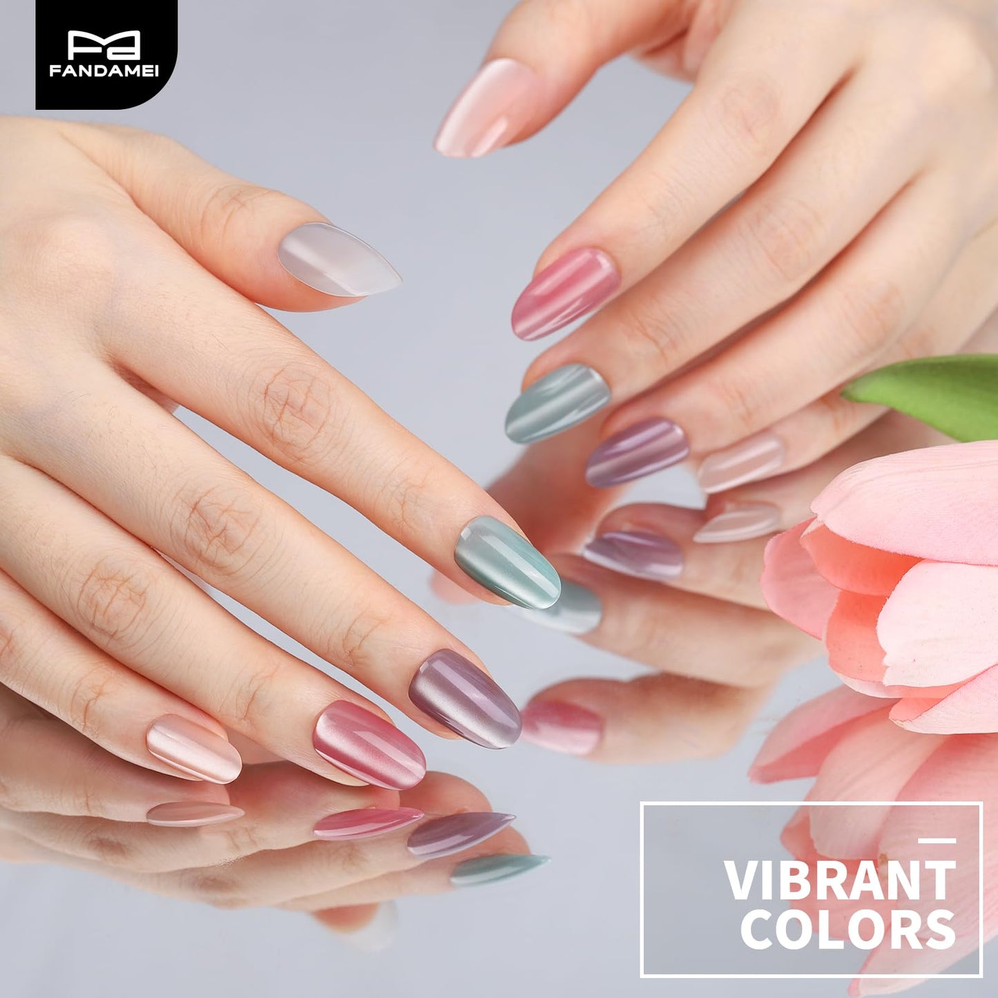 FANDAMEI 6 Colors Press On Nails Short Almond, Cat Eye Nails Short Oval, Natural Fake Nails in Nude, Glossy Cat Eye Press Ons for Women with Nail Adhesive Tabs, Press on Nails Kit