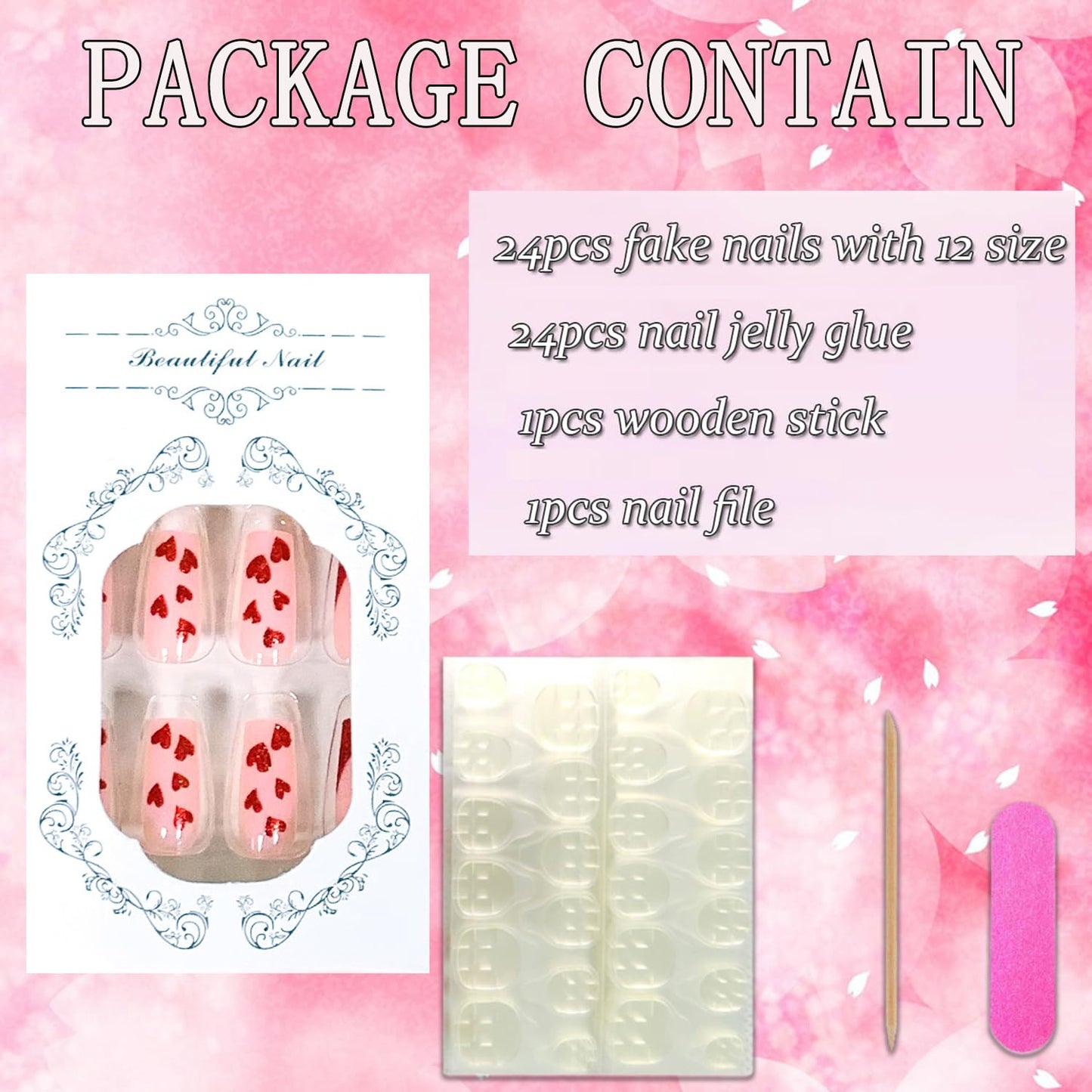 Red Heart French Tip Square Medium Press on Nails 24Pcs Glossy Full Cover Artificial Fake Nails with Designs Acrylic Coffin False Nails Sets Women Glue Stick on Fingernails with Charm