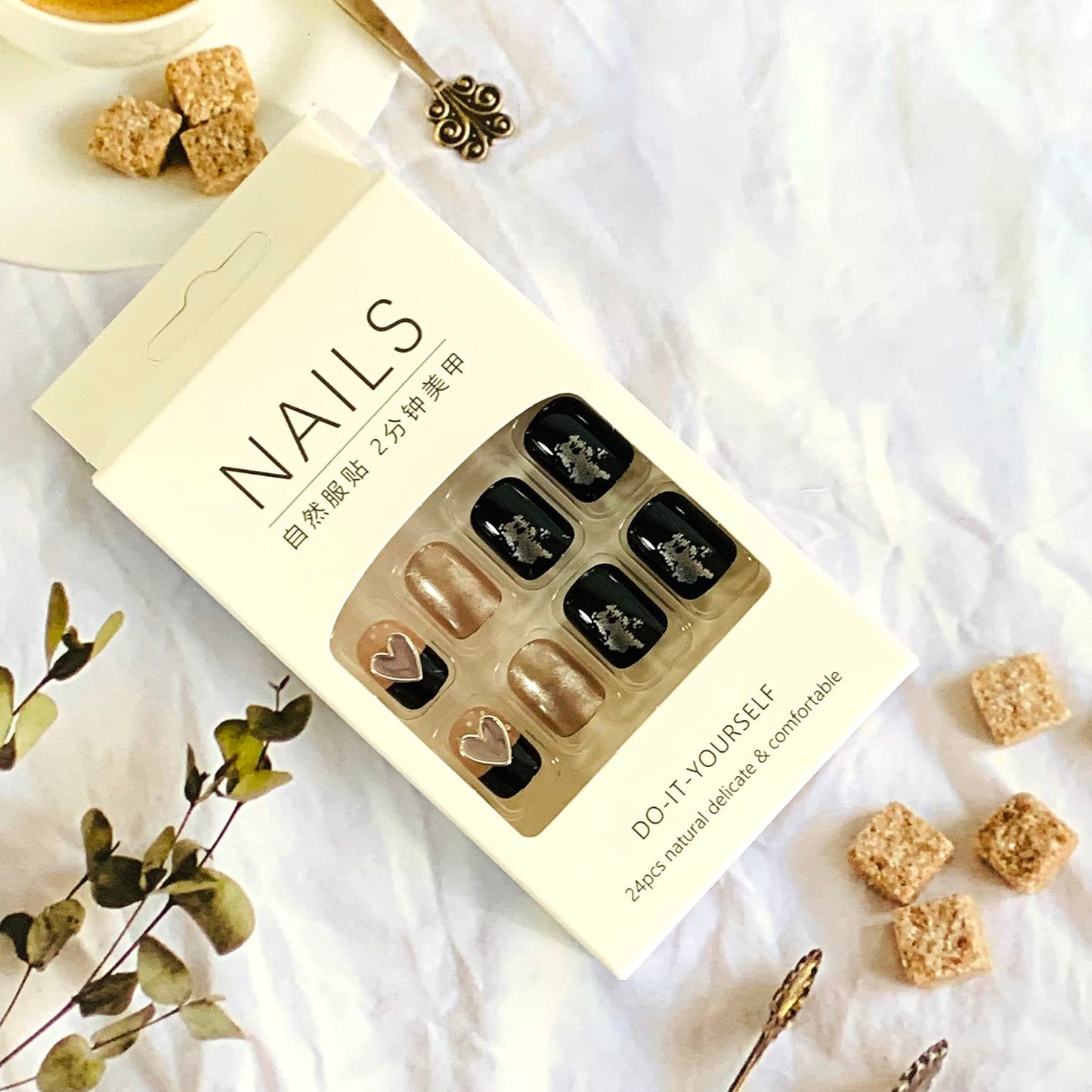 Press on Nails Short Square Length, Full Cover Reusable False Nails Kits, Glue on Nails with Rhinestone Designs Artificial Glossy Fingernails Acrylic Fake Nails for Women Stick on Nails Coffin Shape