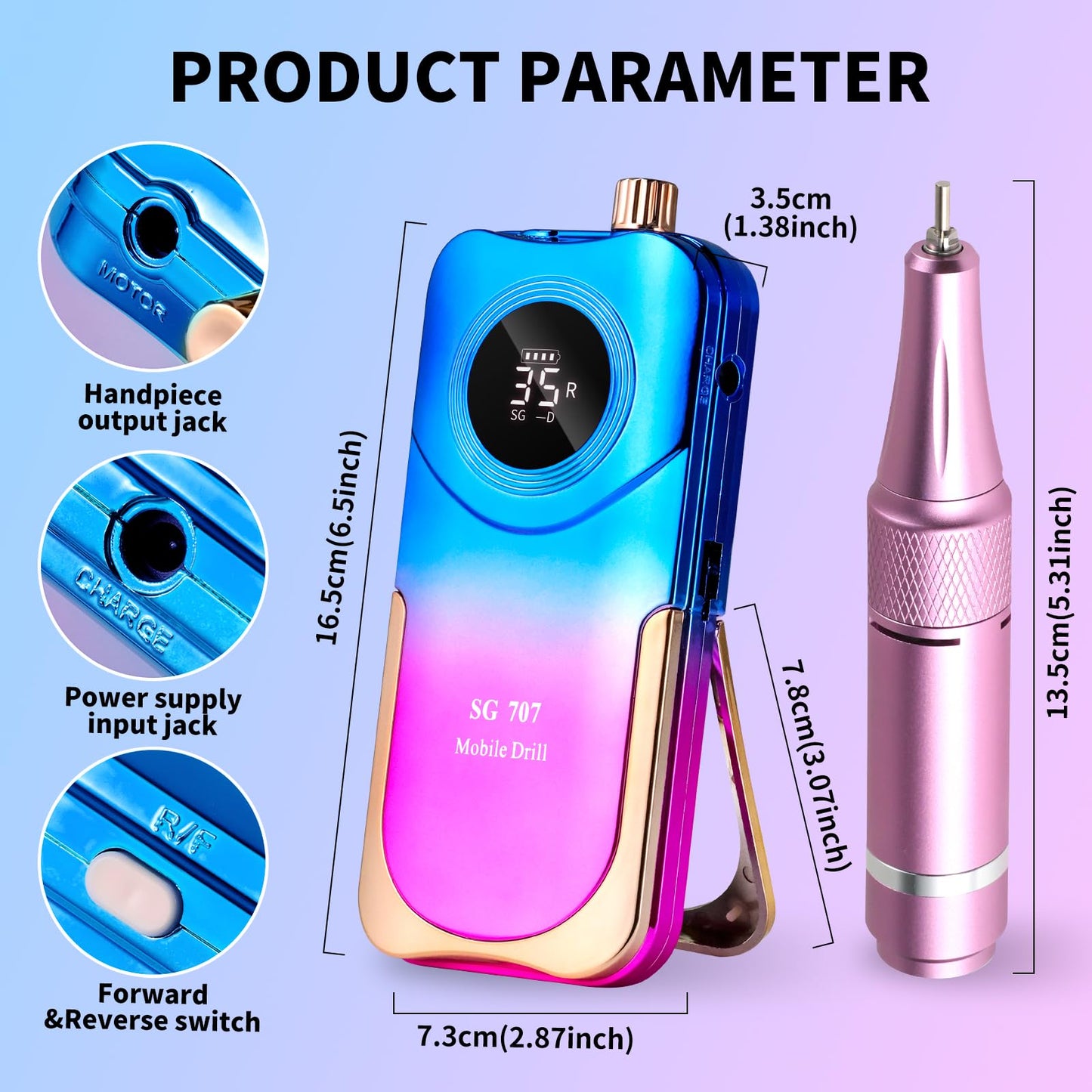 Moskany Professional Electric Nail Drill Kit 35000RPM with 14PCS Bits Purple Blue Portable Rechargeable Cordless File Machine for Acrylic Gel Powder Nails and Manicure Pedicure Toenail Tool Salon Set