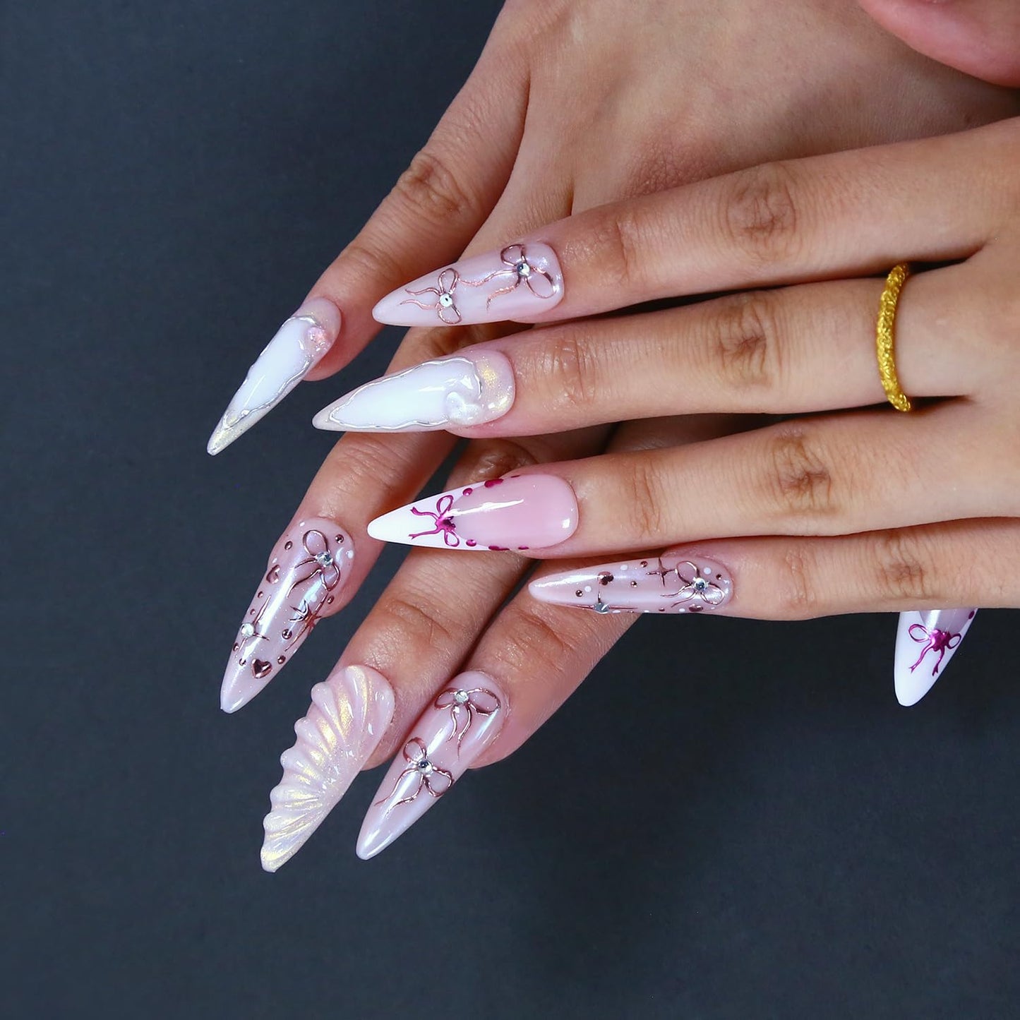 MXYIYANR Press on Nails stiletto Fake Nails Long French stick ons False Nails with 3D Flower False Fingernails Full Cover Stick ons for Women Manicure 10 Pcs (size L)
