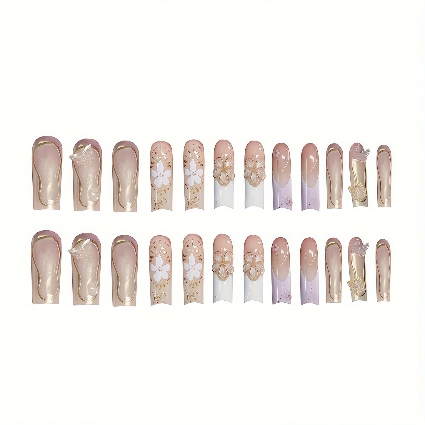 Long Press on Nails Square Fake Nails Purple Acrylic Nail Press Ons Seeneey 3D Flowers and Gold Charm Designs Cute Butterfly Stick on Nail for Women 24pcs