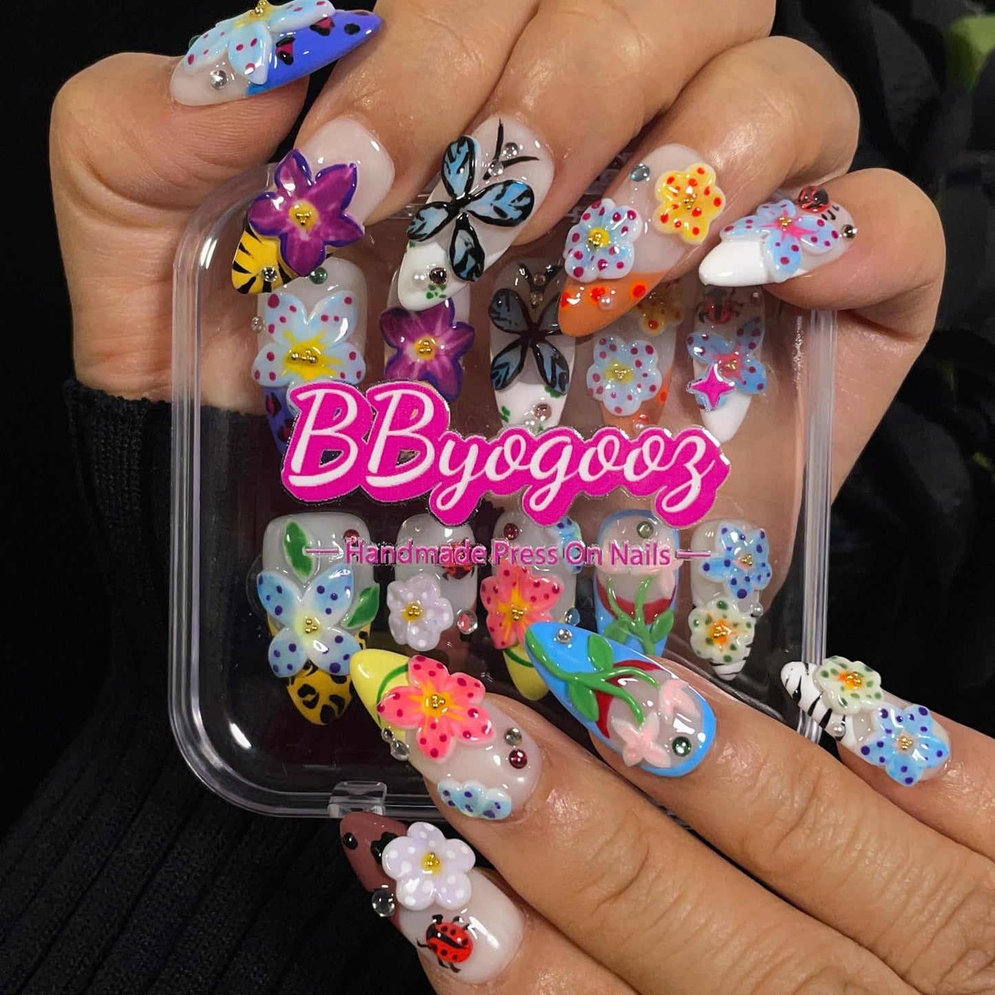 Handmade Press On Nails 3D Floral & Butterfly with Red Ladybug Fake Nails Medium Almond Acrylic Nail Tips Luxury Enchanted Garden Stick on False Nails Dreamy Nails (Garden, L)