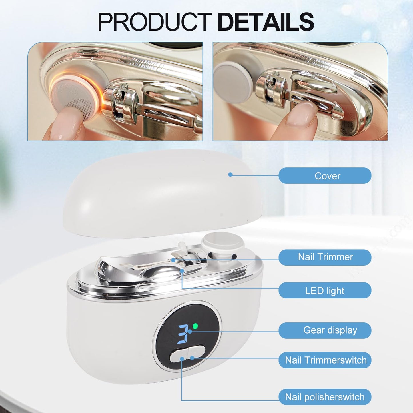 Electric Nail Clippers for Fingers and Toes, 3 in 1 Smart Nail Clipper Adjustable Speeds Rechargeable with Polishing LED Light for Seniors, Kids, Adults White