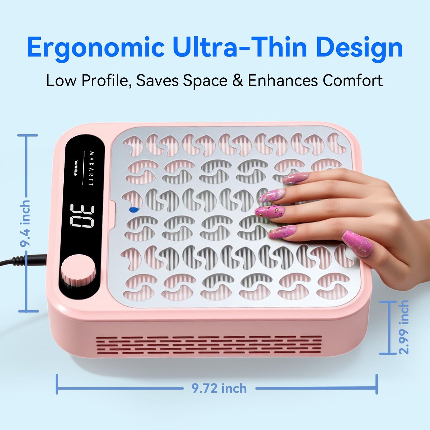 Makartt Nail Dust Collector - Professional Powerful Suction Larina Vacuum Fan Dust Cleaner with LED Display, Adjustable Speed, Reusable Filter for Acrylic Nails Polishing Manicure Salon Home Pink
