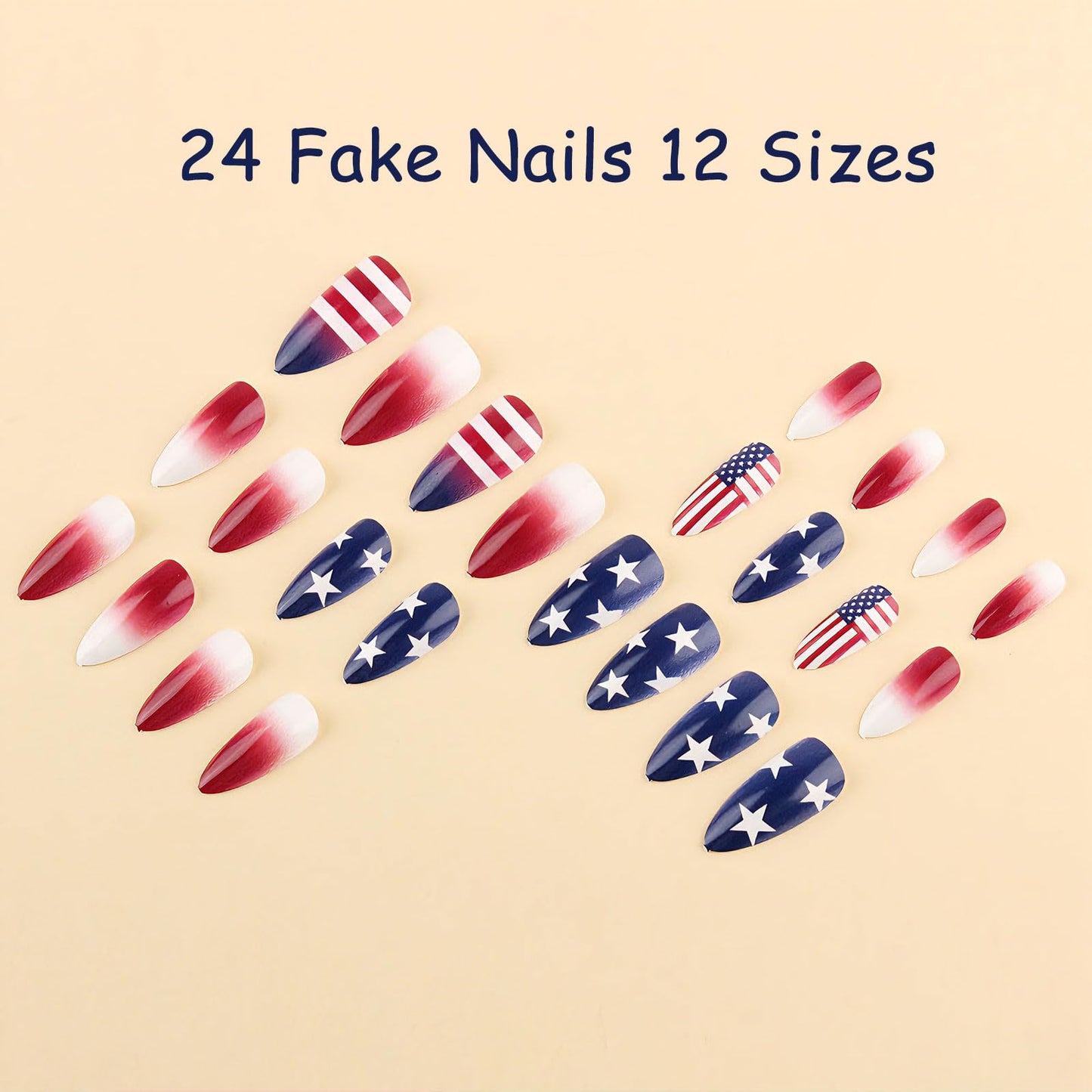 24Pcs 4th of July Press on Nails Medium Almond, Red White and Blue Patriotic Designs, Glossy Full Cover Fake Nails, Reusable Glue on Nails with Acrylic Effect,Nude Nails Press ons for Women
