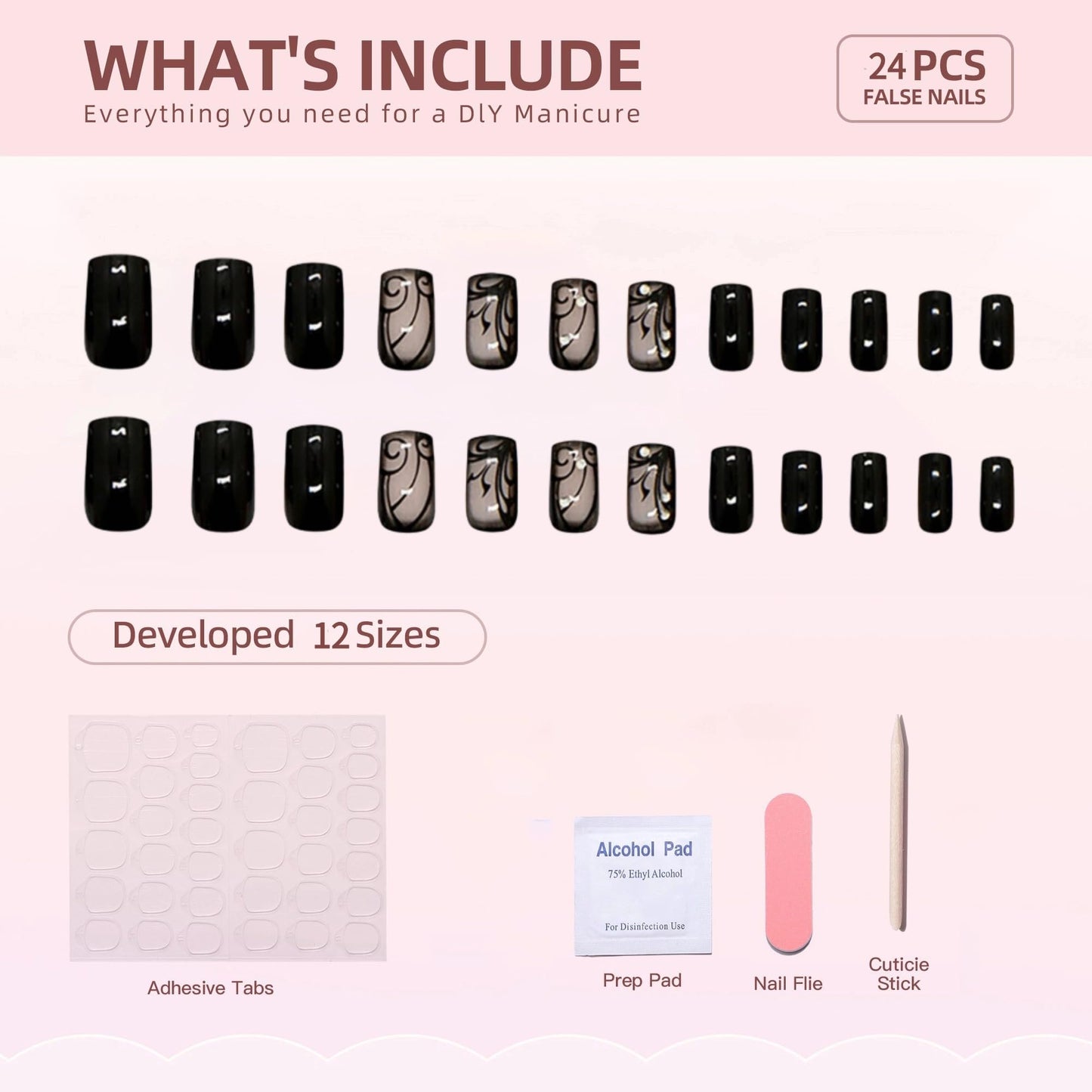 Short Press on Nails Square Fake Nails Black French Tip Acrylic False Nails with Dark Vines Design Full Cover Glue on Nail Glossy Nails Press ons Short Stick on Nail for Women 24Pcs
