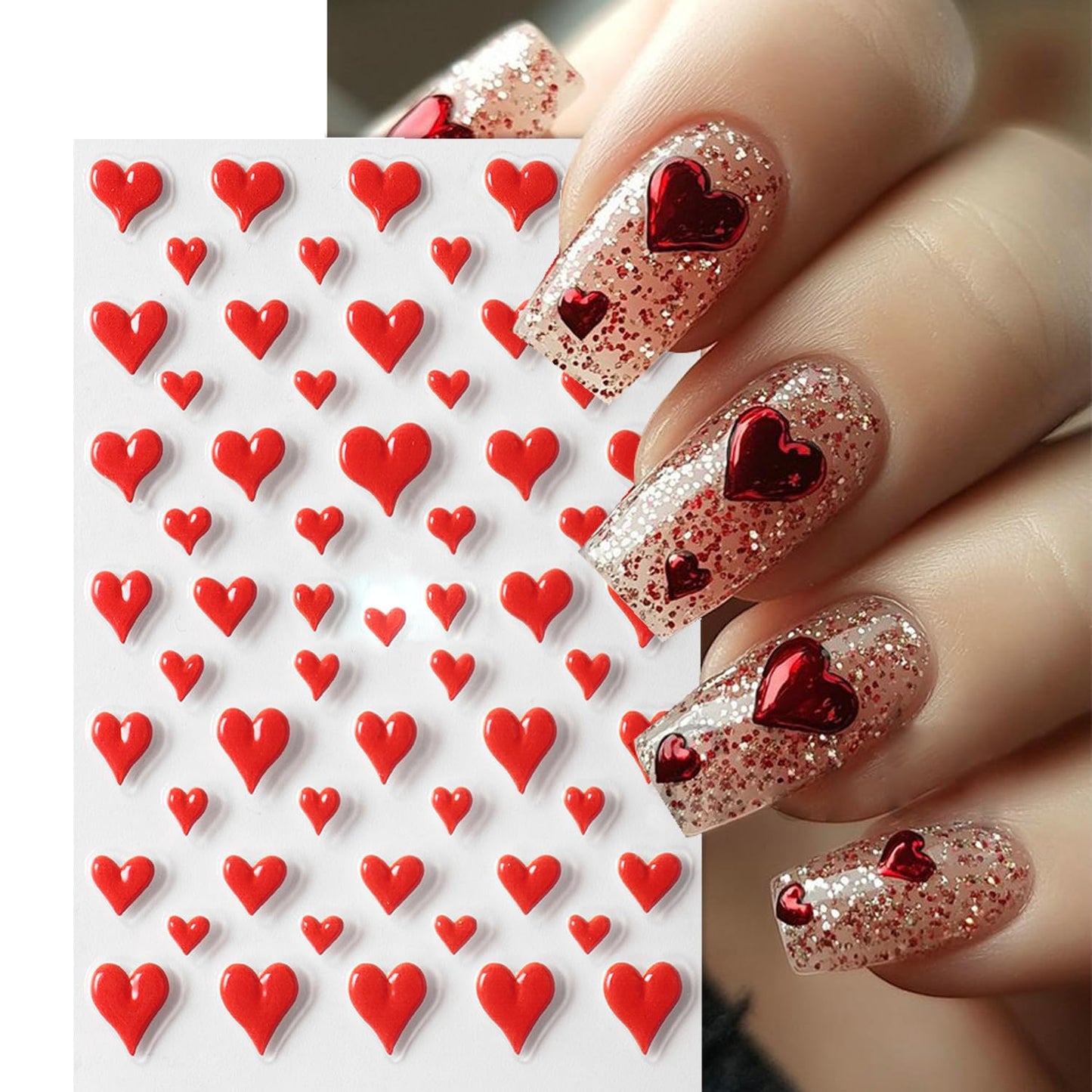 4Pcs Valentine's Nail Art Stickers Decal - 5D Embossed Pink Heart-Shaped Nail Stickers with Adhesive for Valentines Romantic Love Red Hearts Nail Transfer Slider Sticker for Women Manicure Decor