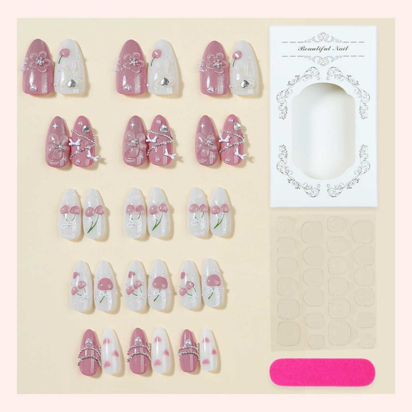 Medium Almond Press on Nails for Women,Cute Cherry & Bow,Fake Nails Artificial Stick on Nails