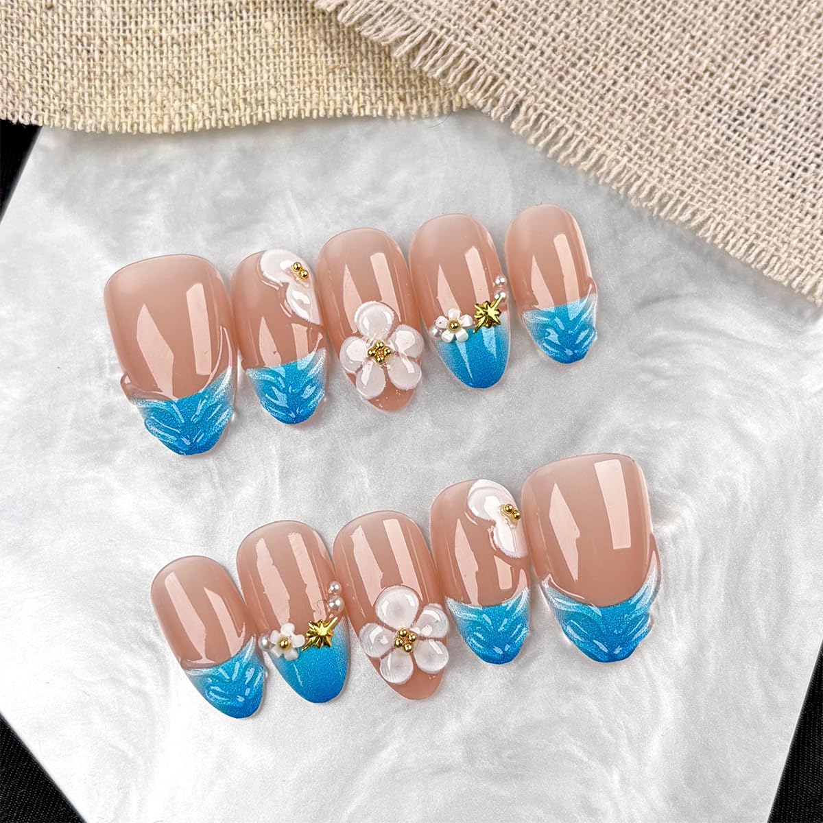 30Pcs Blue French Tip Press on Nails Short Almond Fake Nails with 3D Flower & Gold Rhinestones Design Nude Pink False Nail Full Cover Artificial Reusable Acrylic Nails Handmade Stick on Nail for Women