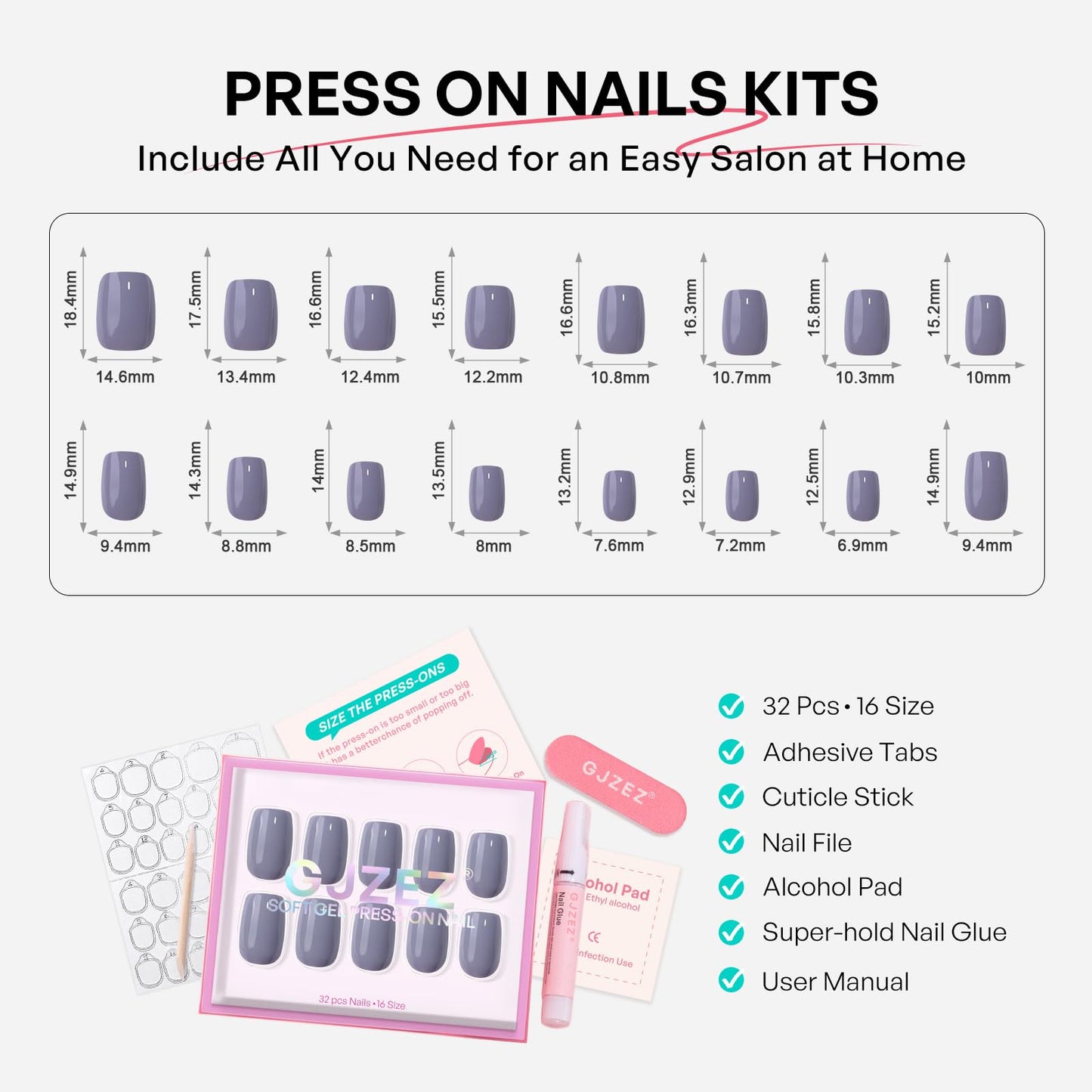 Cool Lavender Grey Press On Nails Square - GJZEZ Soft Gel Lilac Orchid Color Glossy Nail Press Ons Medium Fake Nail, Opaque Reusable Stick On Nail, 16 Sizes - 32Pcs, Glue On Nails, Fog Purple
