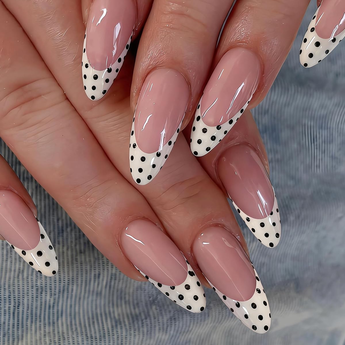 48Pcs White French Tip Press on Nails Medium Almond & Press on Toenails Set - Fake Nails Press ons Nail Art Tips Cute Glue on Nails Full Cover Fake Toe Nail Black Polka Dots Design Acrylic Nail Kit