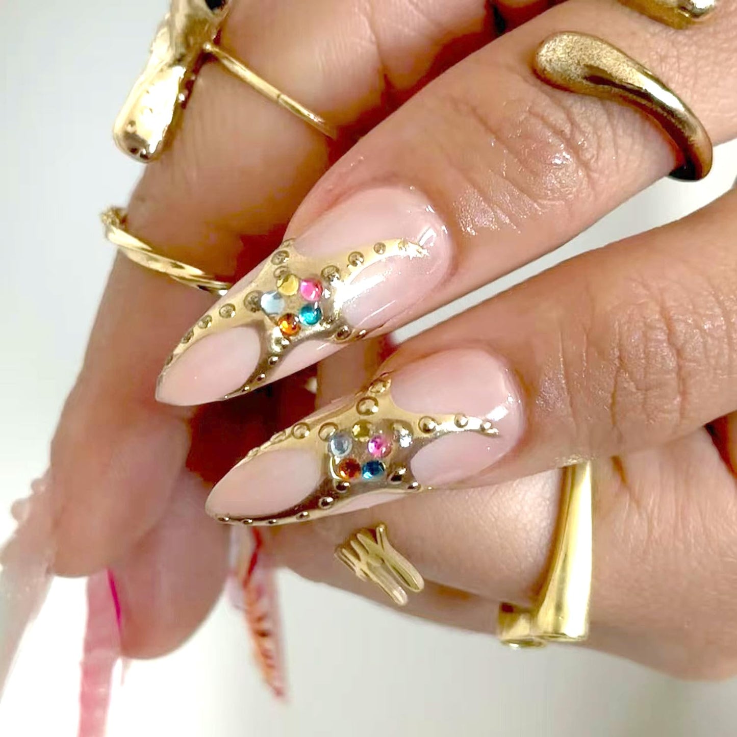 24Pcs Handmade Almond Press on Nails Fake Nails 3D ice Flower Stripes False Nails with Pink Gradient Gold Beads Designs Glitter Rhinestones Nails French False Stick on Nail for Women DIY Tips