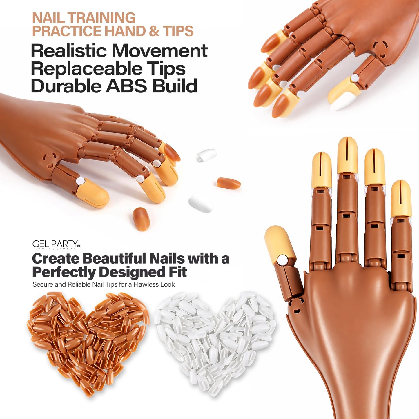 GELPARTY Flexible Nail Practice Hand with Table Clamp - Full Training Starter Kit for Acrylic & Gel Nails, Includes 200pcs Brown Tips, Clippers, Files & Brushes - Professional Manicure Set (Set A+)