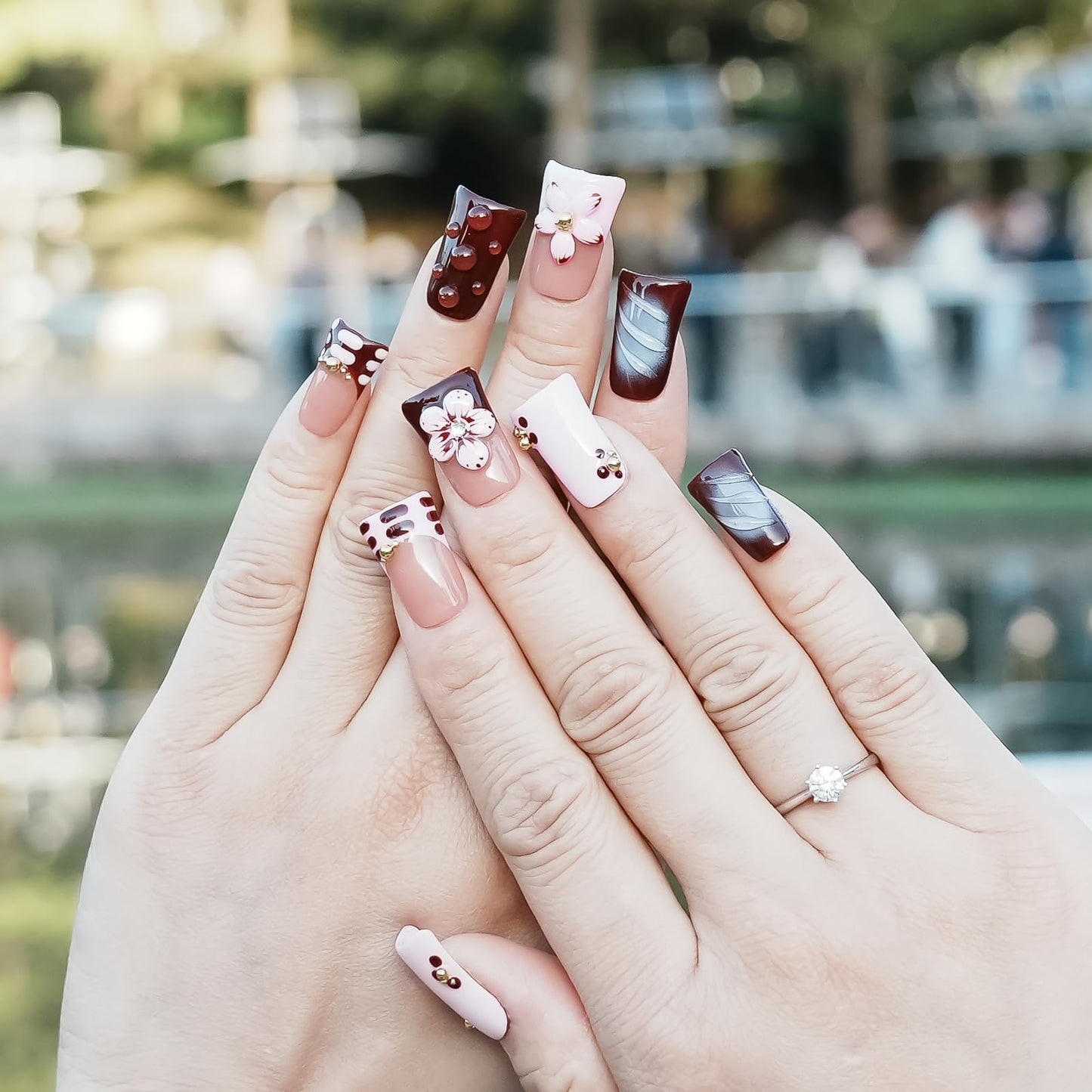 Tesytto Handmade Press on Nails Short Duck - Burgundy Nude Pink Ombre French Tip with 3D Cherry Flower & Y2K Gold Beads, Summer Reusable Acrylic Full Cover (Blush Mauve Flower Waltz, L)
