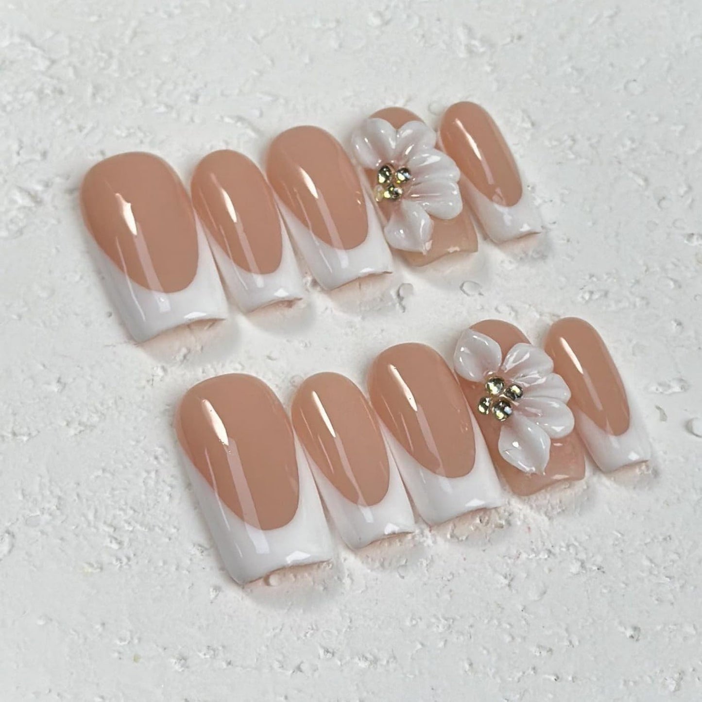 White French Tip Handmade Press on Nails Medium Square Fake Nails Muti-Layer Gel False Nails with 3D Flower Rhinestones Designs Thick Acrylic Nails Full Cover Stick on Nail for Women Nail DIY (Size M)