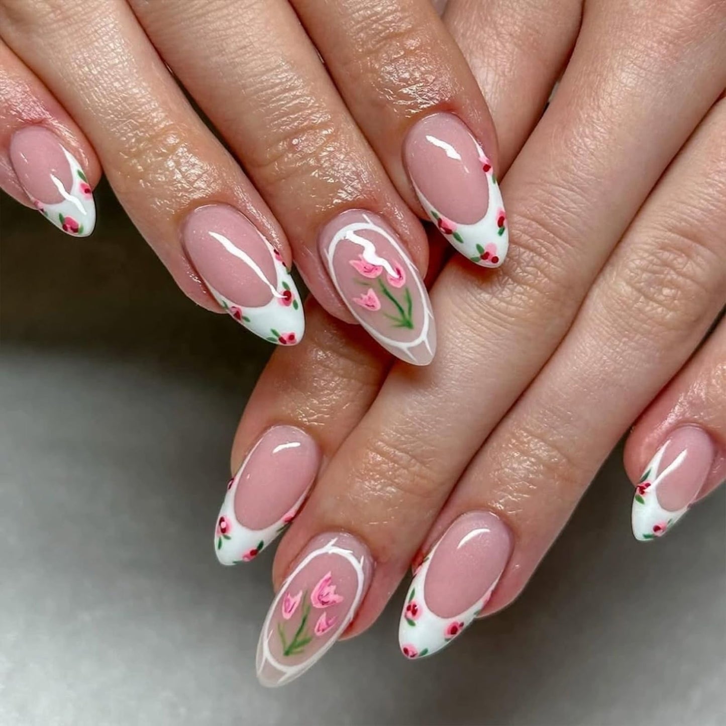 Almond Press On Nails - Summer Medium Nude pink white French with Tulip Floral Design Fake Nails Glossy Finished Reusable False Nails with Glue Tabs - 24Pcs Nail Kit for Women Manicure