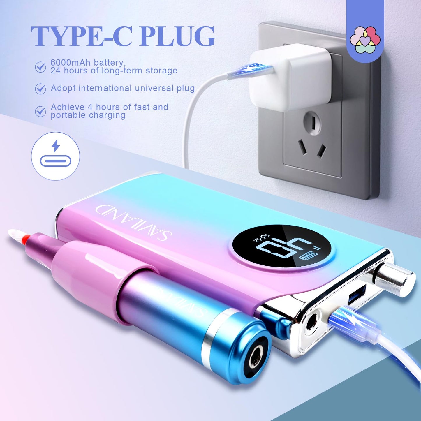 SAVILAND Professional Nail Drill 40000RPM Electric Nail Drill Machine with LCD Display Nail Kit Portable Electric Nail File for All Manicure Shaping & Gel Removal Manicure Pedicure Salon Home
