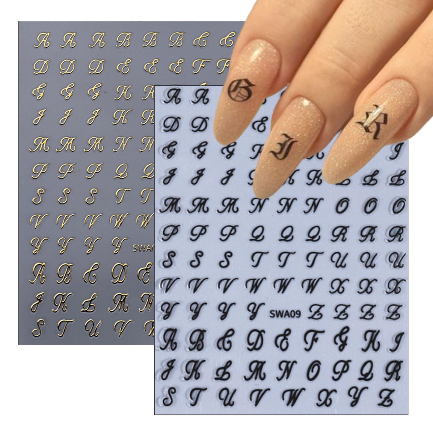 8 Sheets Old English Nail Sticker 3D Self-Adhesive Pegatinas Uñas Holographic Old English Letter Nail Decals White Black Gold Silver Nail Art Design Alphabet Nail Supplies Decorations for Women