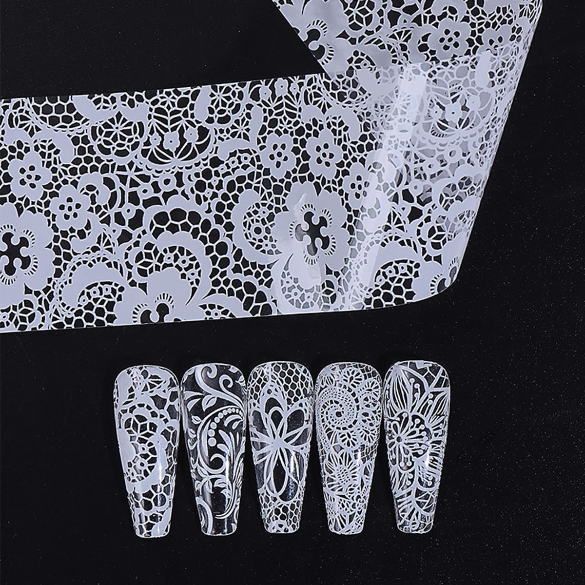 Black White Lace Nail Art Foils Transfer Stickers 10 Rolls Y2K Lace Flower Nail Foil Adhesive Decals Designer Nail Art Supplies Starry Sky Paper Manicure Accessories for Women Acrylic Nails Decoration