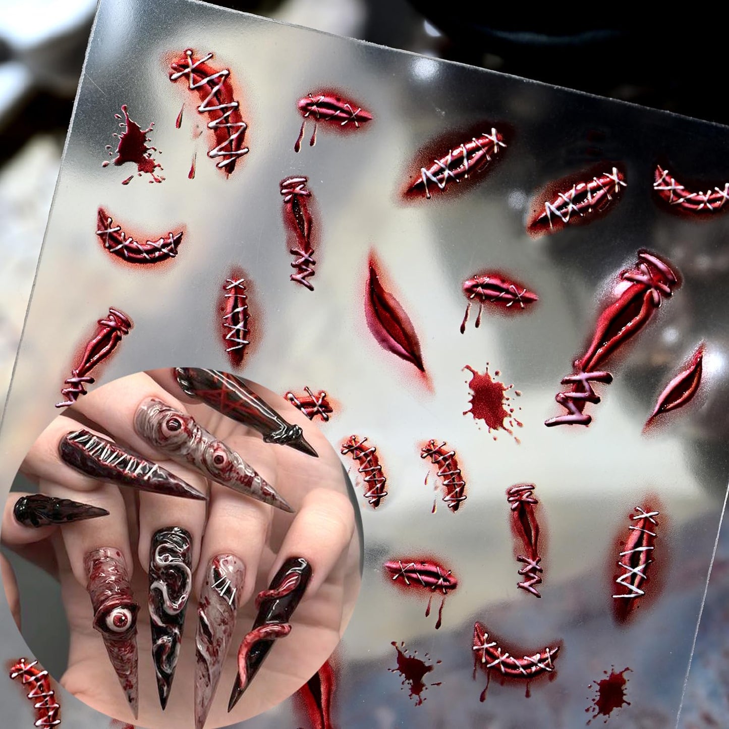 1Sheet Blood Scar Nail Art Stickers Decals 5D Embossed Horror Halloween Nail Stickers Self-Adhesive Wound Designs Nail Decal Bloody Scars Nail Sticker for Women DIY Manicure Decoration Supplies