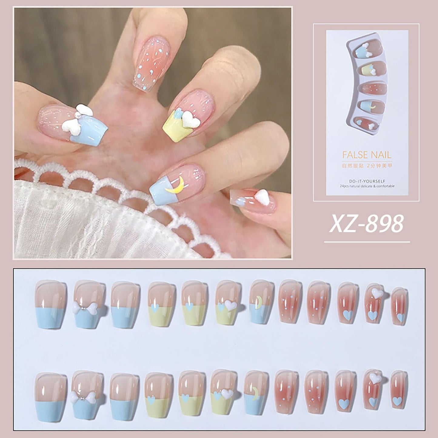 Vezocim French Tip Square Medium Press on Nails 24Pcs Glossy Full Cover Artificial Fake Nails with Blue Heart Designs Acrylic Coffin False Nails Glue Fingernails with Charm for Women