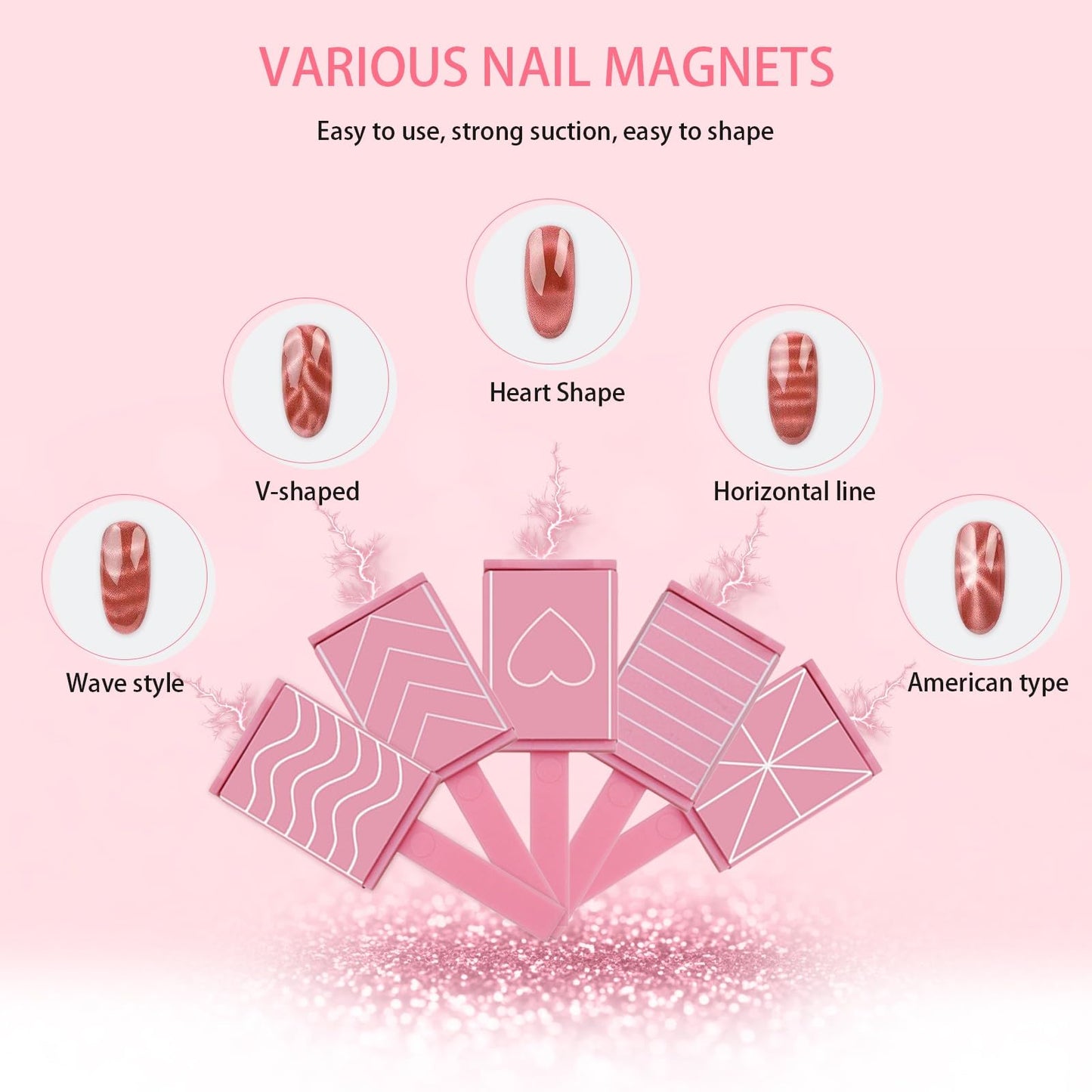 7Pcs 3D Cat Eye Gel Nail Polish Magnet Tools for Cat Eye Gel Nail Polish,5 in 1 Nail Magnet Nail Magnet Pen Stripe Nail Magnet Wands for Nail Art DIY Home Salon Manicure(Pink)