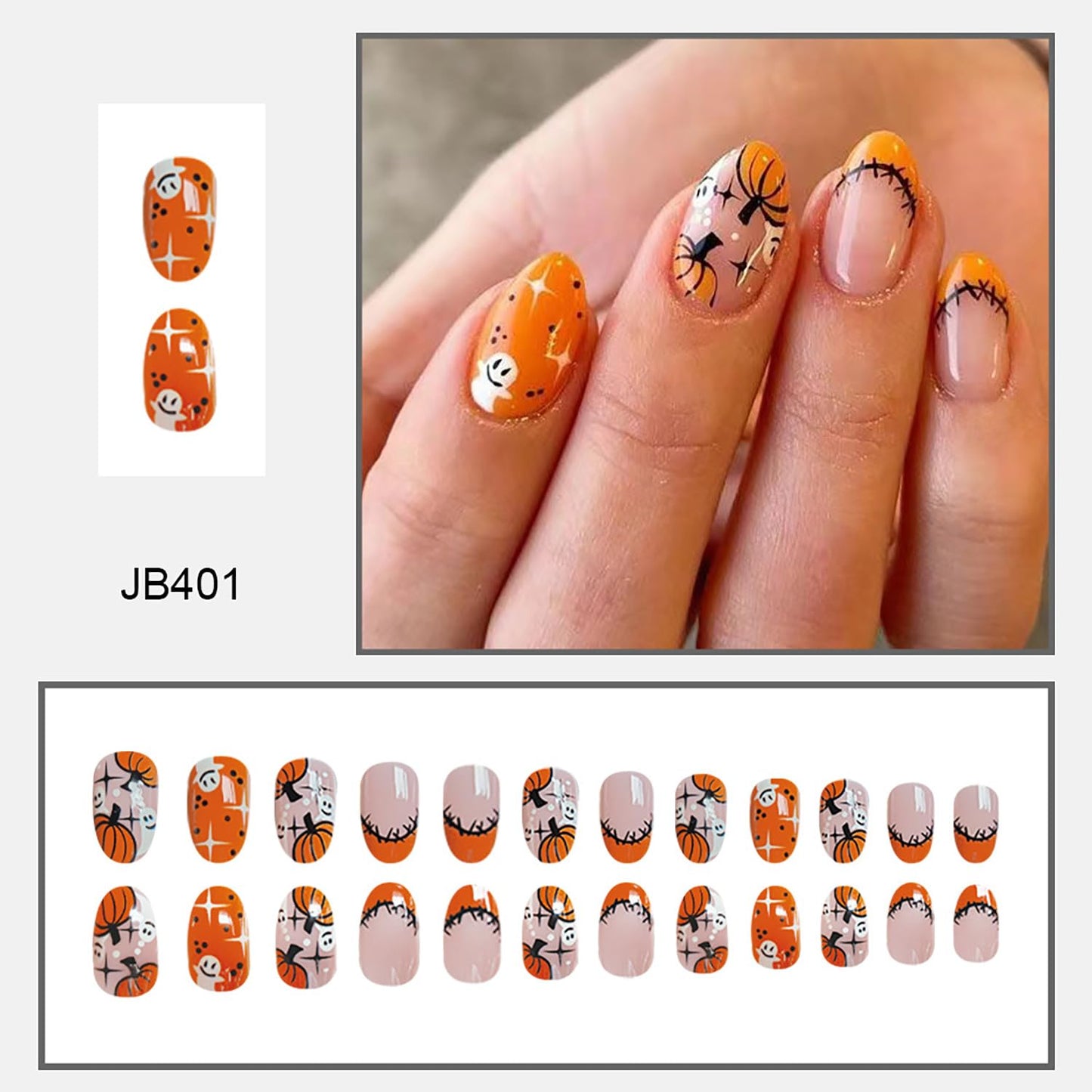 Halloween Press on Nails Orange French Tip Fake Nail Cute Pumpkin Ghost False Nail Short Nude Pink Nails Press ons Halloween Glue on Nails Acrylic Nail for Women 24Pcs