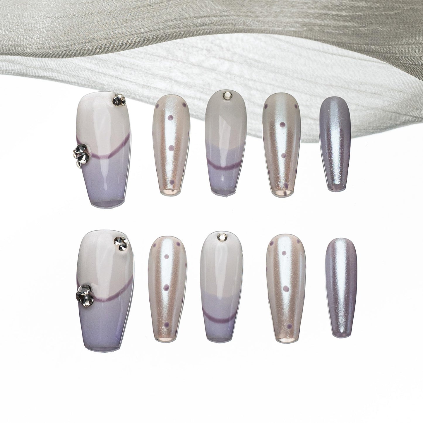 Sun&Beam Nails Handmade Press-on Medium Coffin Ballerina Silver Purple White Dot French Rhinestone Design Fashion False Nail Tips 10 Pcs Set (#182 M)