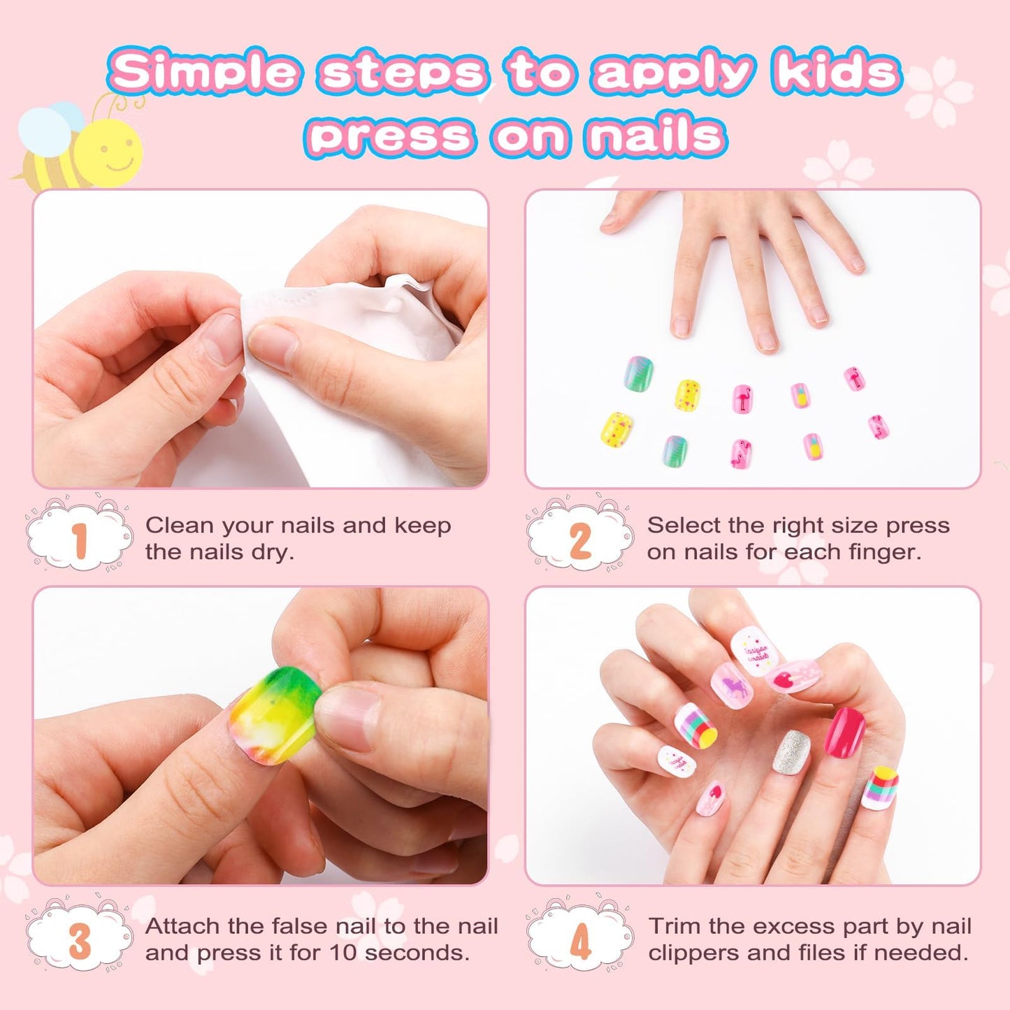Jsiallye 192Pcs Short Press on Nails for Kids,8 Packs Children Stick on Nails Fake Nails for Kids,Pre-glue Full Cover Pink Flower Animail Nail Tips for 8-12 Year