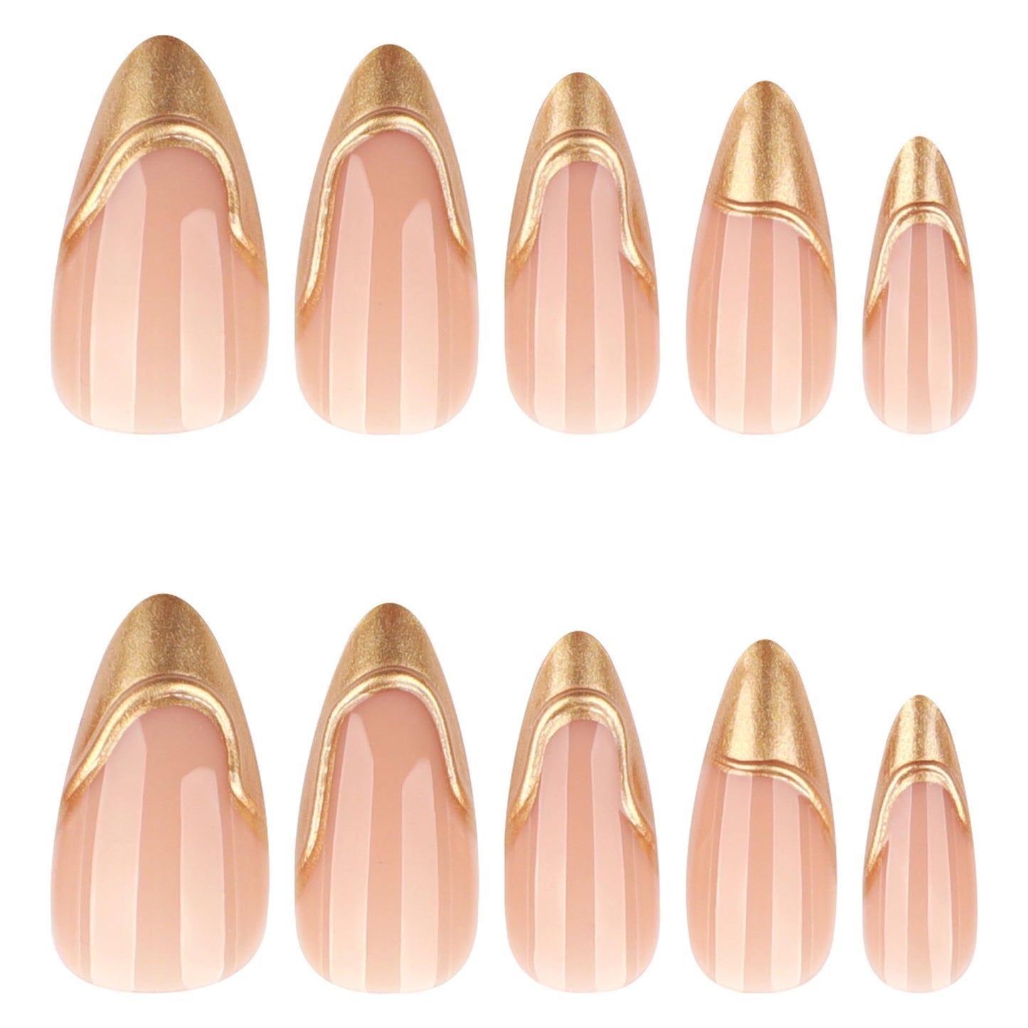 Medium Press on Nails Almond - Gold Fake Nails with 3D Design - French Tip False Nails Press ons - for Women 24 Pcs