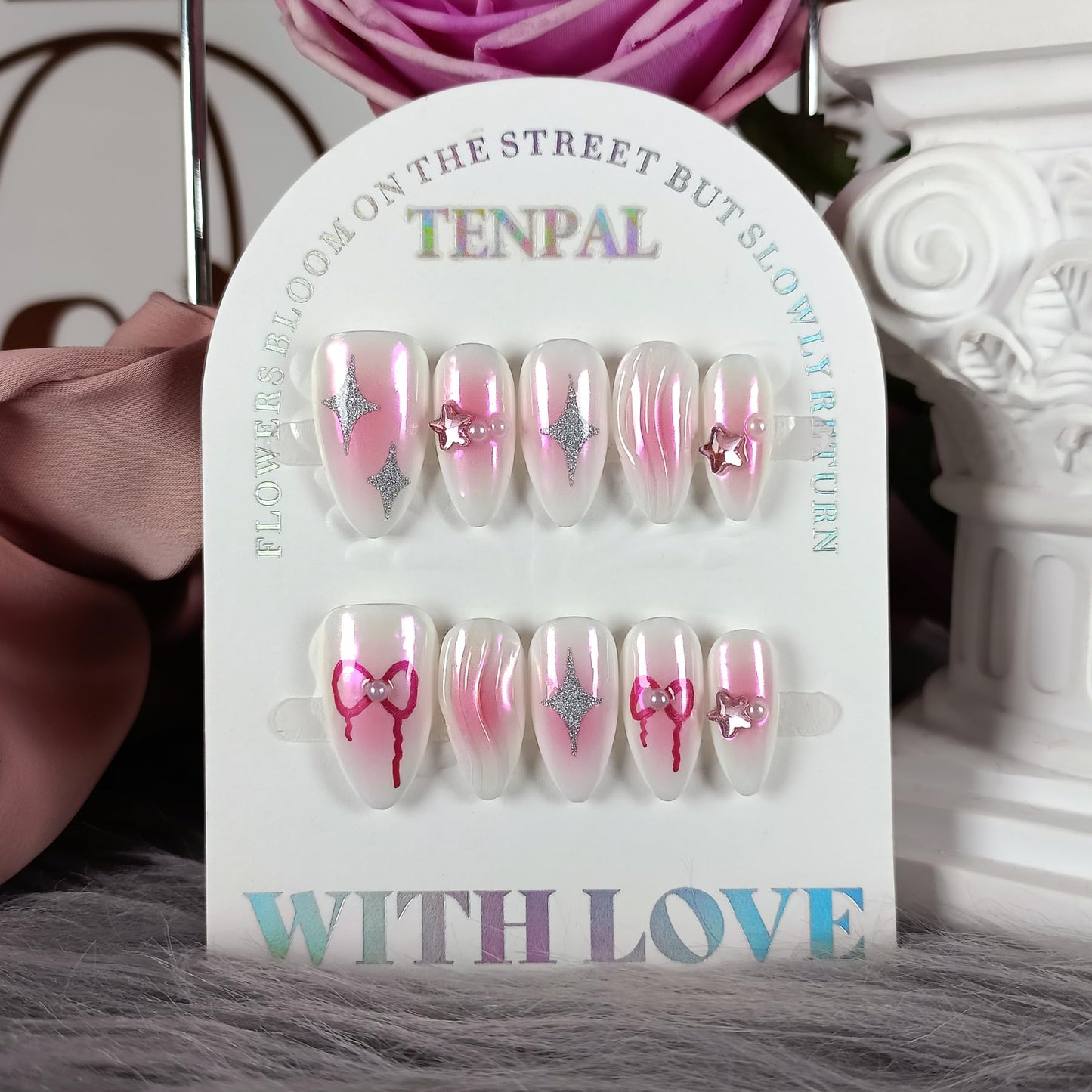 TENPAL Handmade Press On Nails Almond,Aurora Pink Acrylic Glossy Y2k Sweet Cool Soft Gel Fake Nails,Reusable Glue On Nails With Star Bow Stars Designs,10pcs/Box Manicure Art With Charms(M)
