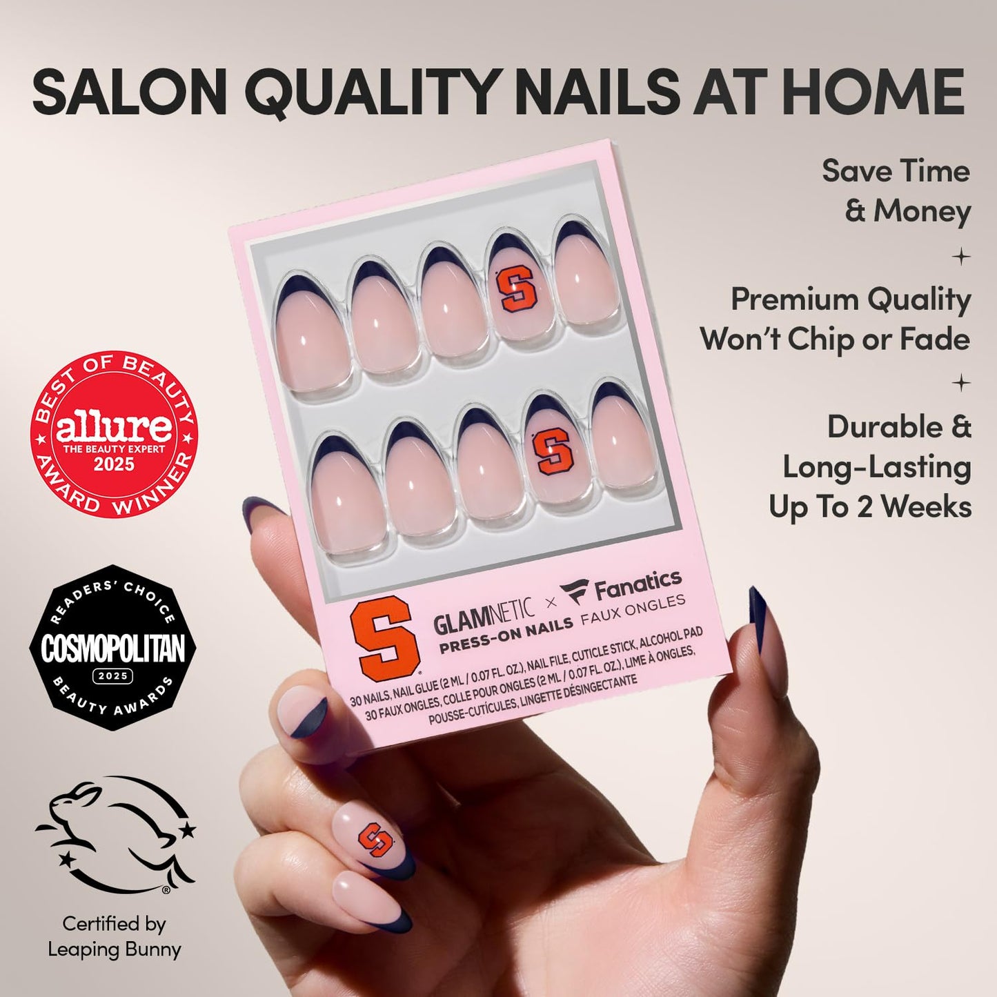 Glamnetic x Fanatics Press On Nails - Syracuse Orange | Short Almond Fake Nails, Collegiate Blue French Tips, College Nails, Salon-Quality | 15 Sizes - 30 Nail Kit with Glue