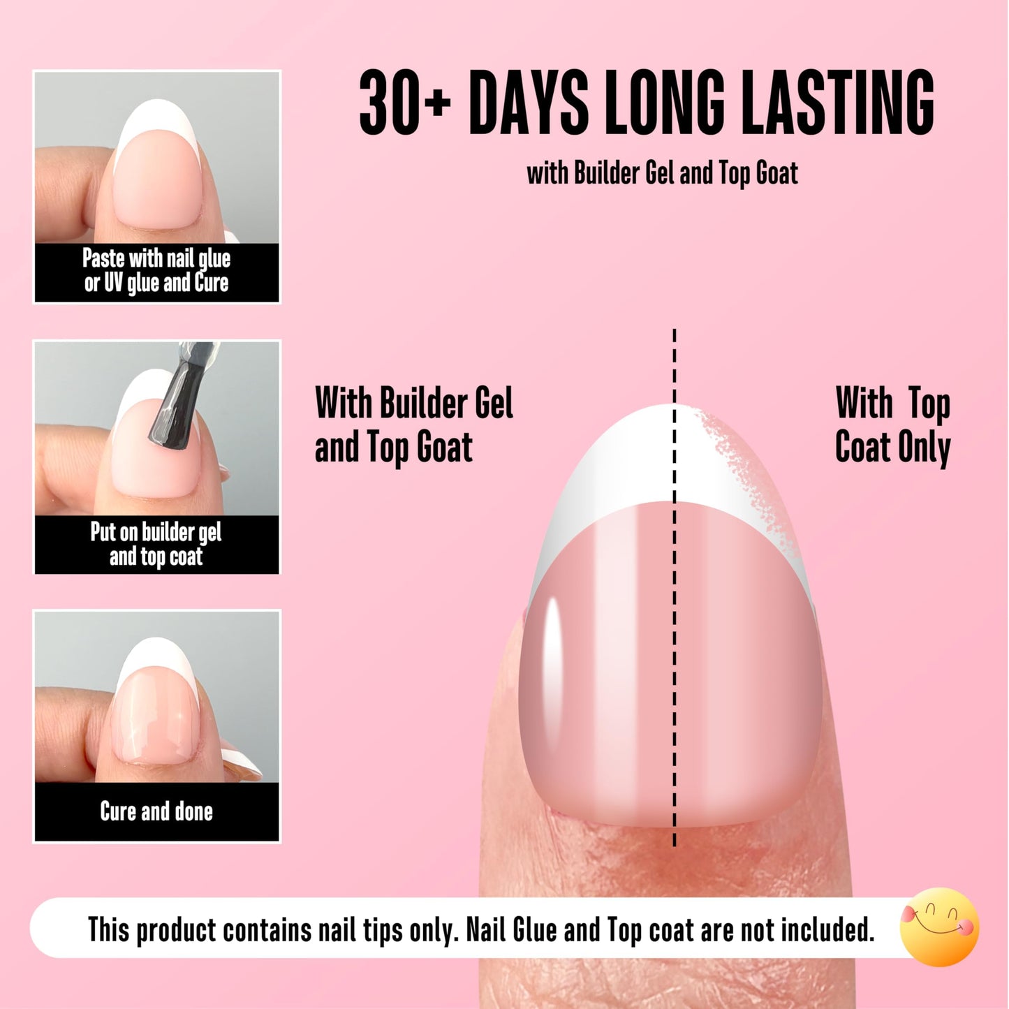 NOVO OVO Extra Short White French Tip Almond Nail Tips Press on BABY PINK, Thick Soft Gel Fake Acrylic Extension, Need Builder Gel Top Coat, No Glue Included, for Salon DIY x 16 Sizes 224 pcs